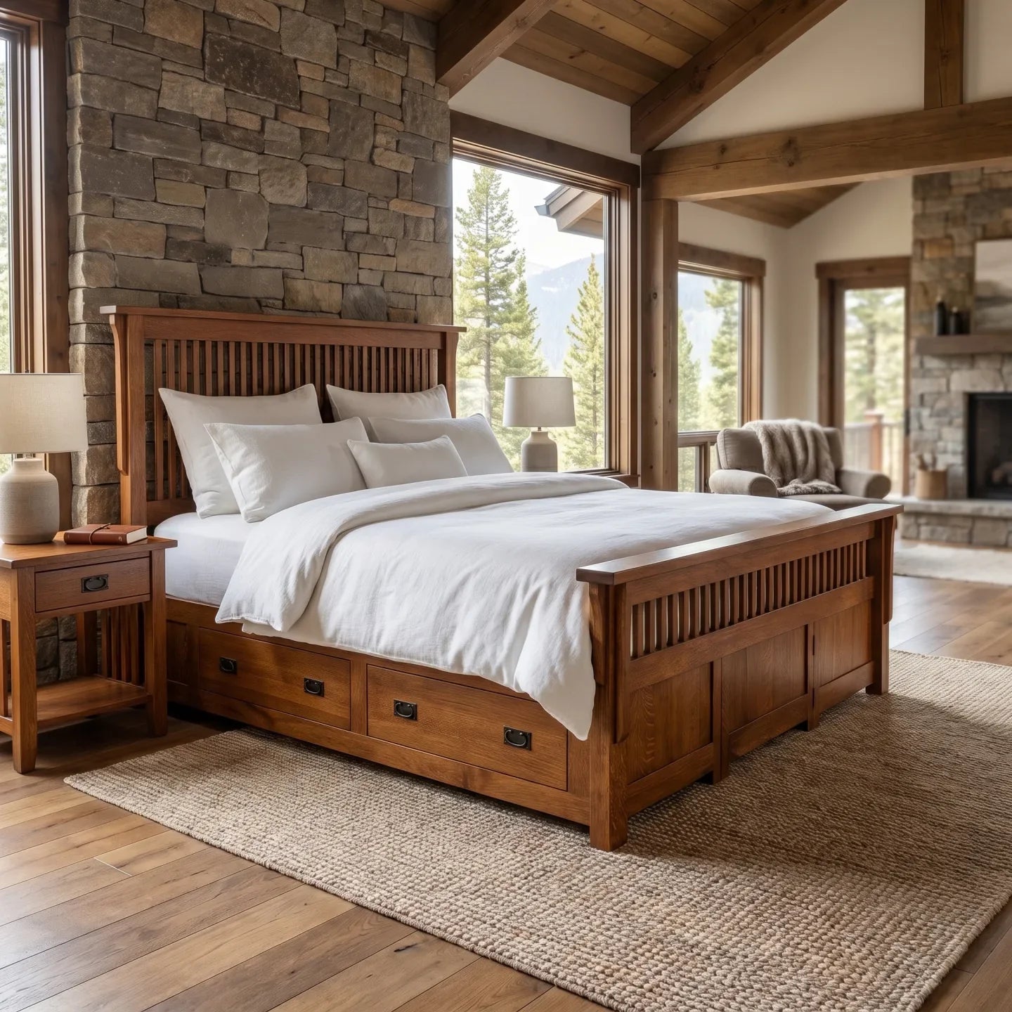 Queen Spindle Platform Bed Frame - Antique Brown