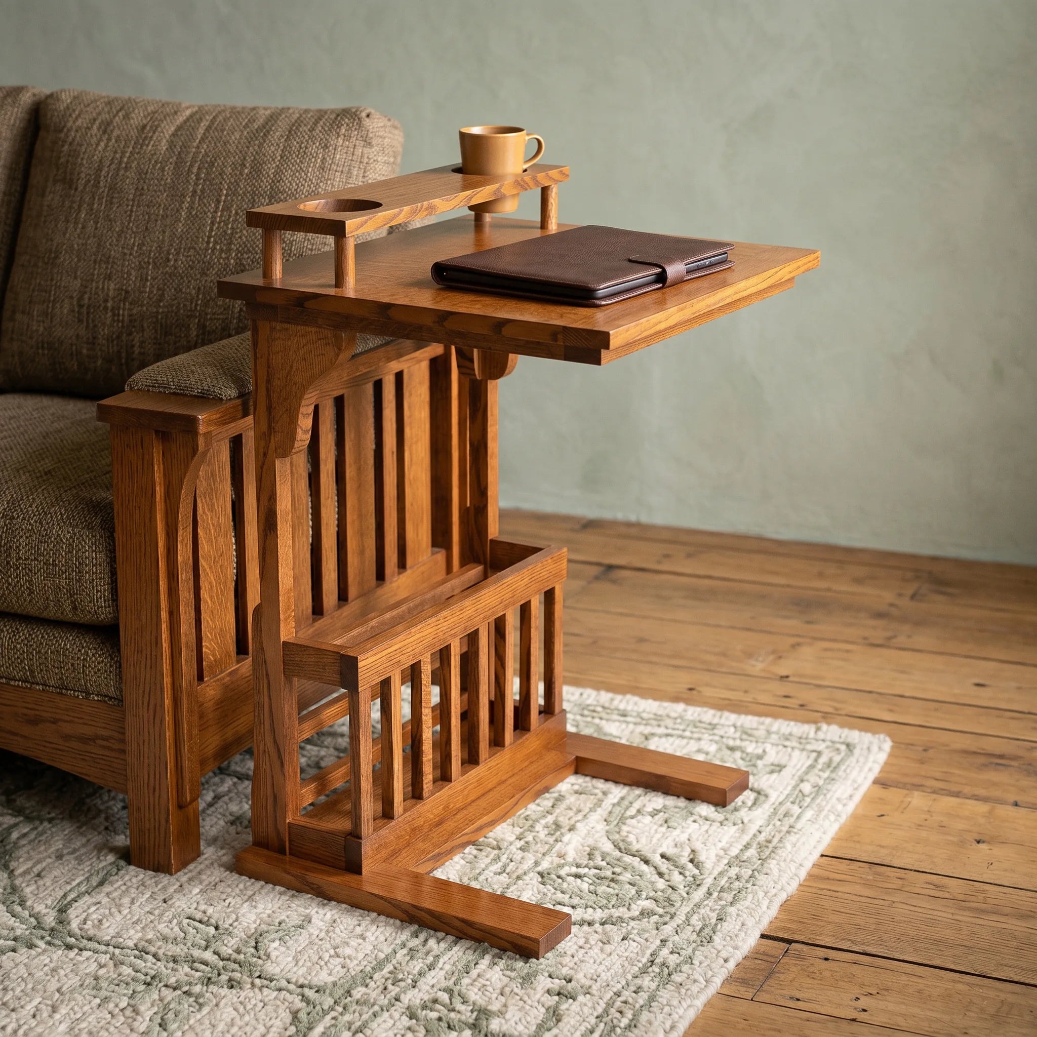 Laptop Sofamate with Cup Holders - Solid Oak — front view