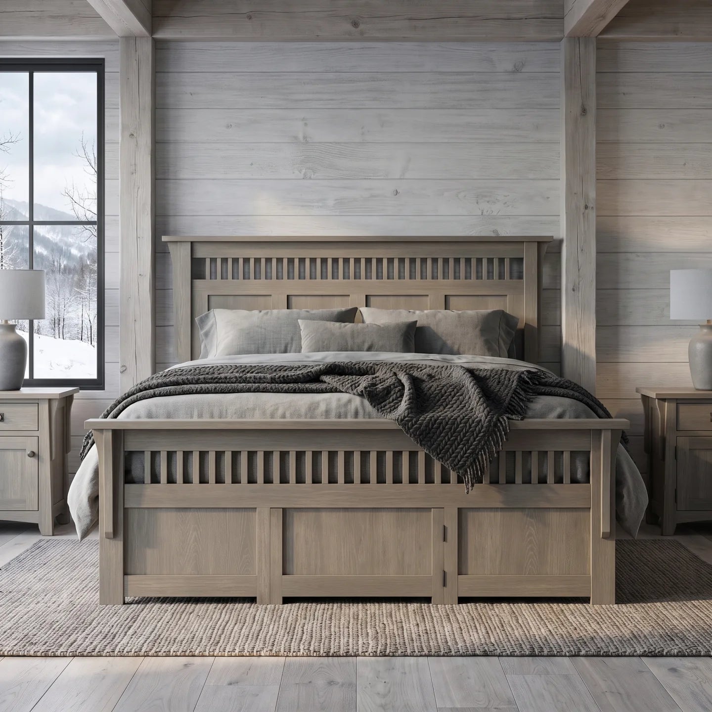 Queen Panel Spindle Platform Bed Frame - Stone Gray
