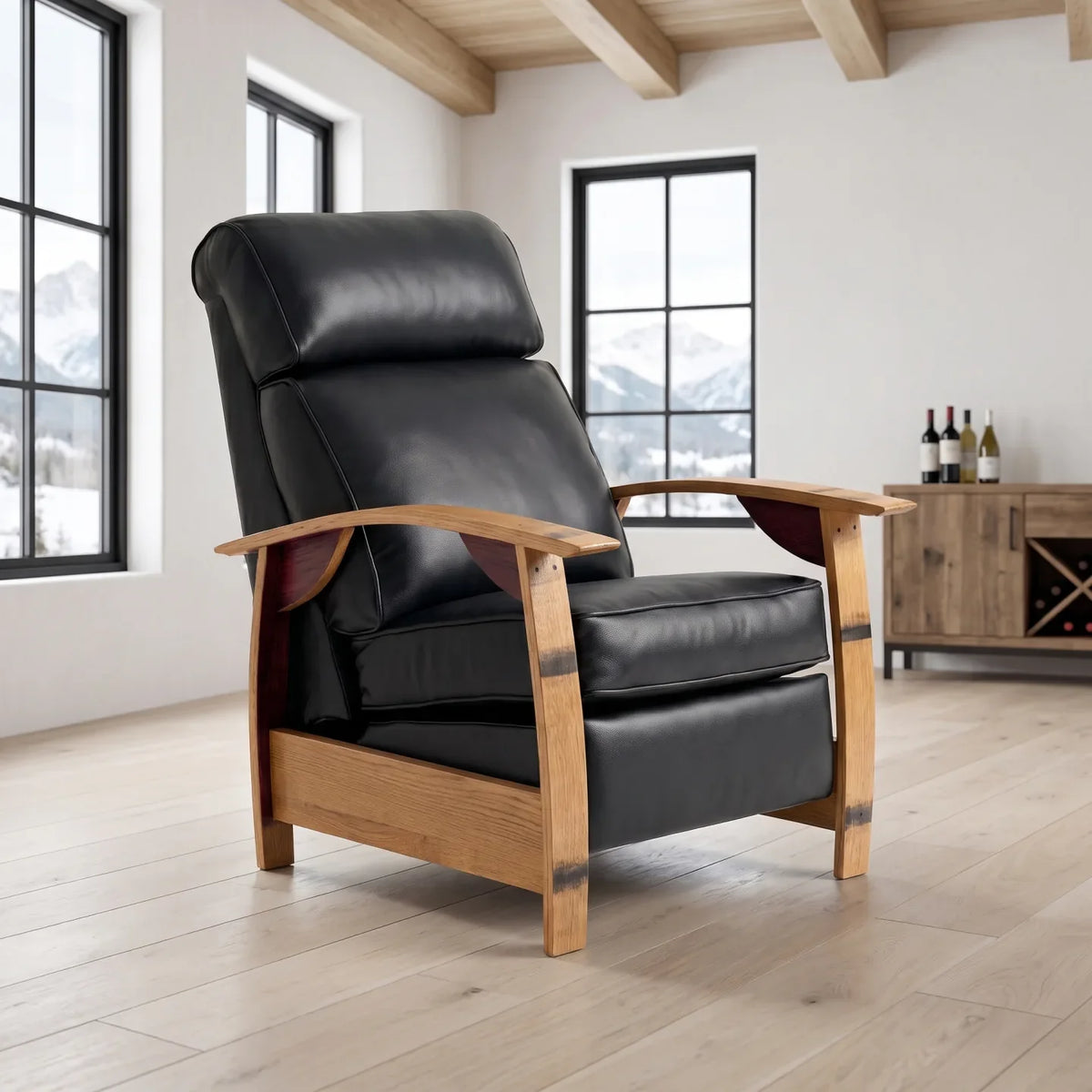 Wine Barrel Recliner - Black Italian Leather - angled front view
