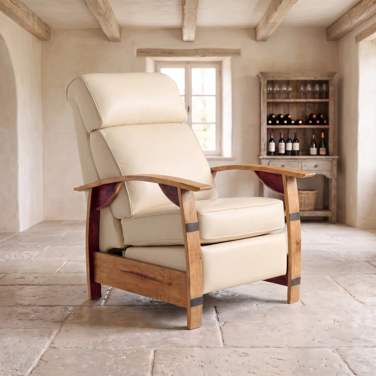 Wine Barrel Recliner - French Vanilla Italian Leather - angled front view