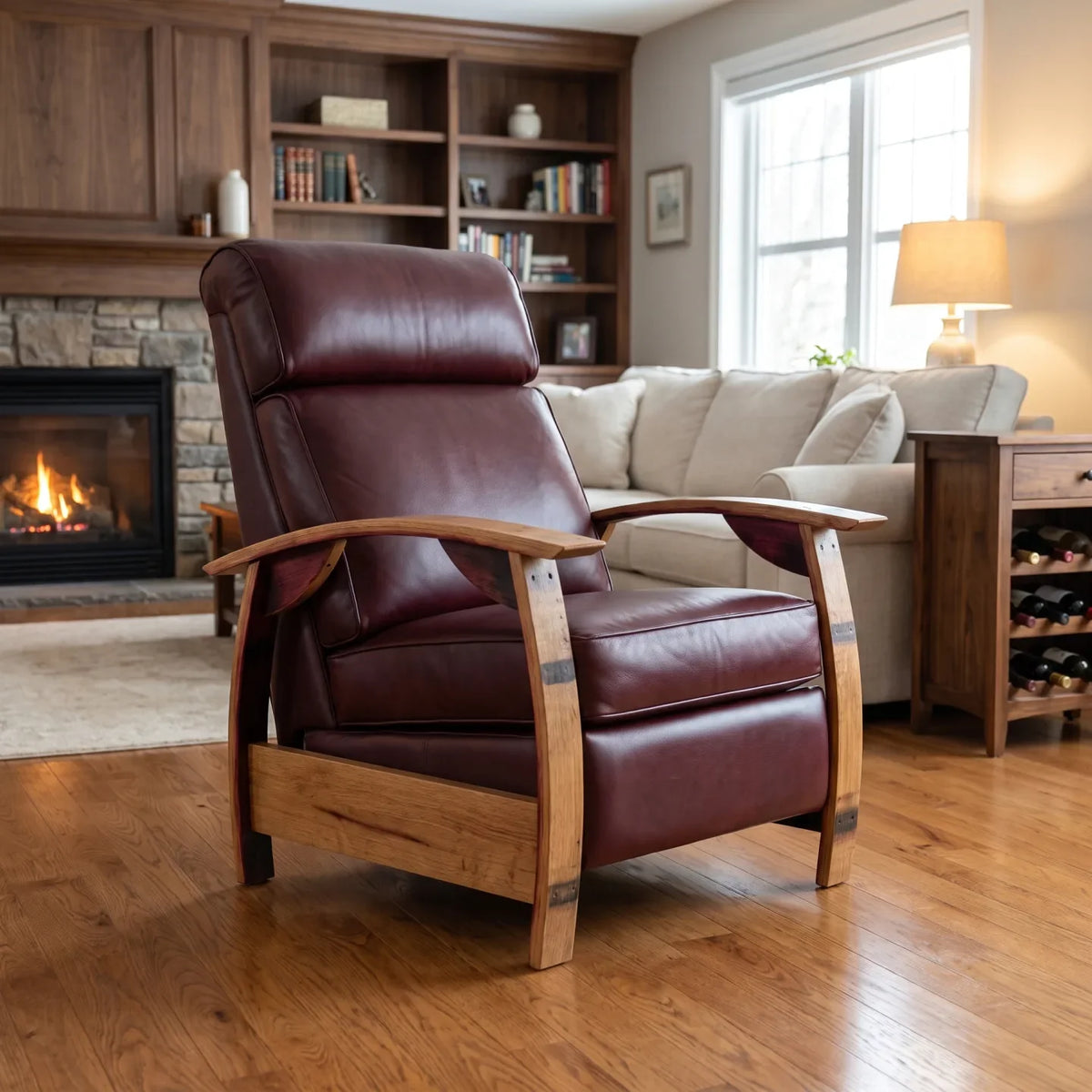 Wine Barrel Recliner - Oxblood Italian Leather - angled front view