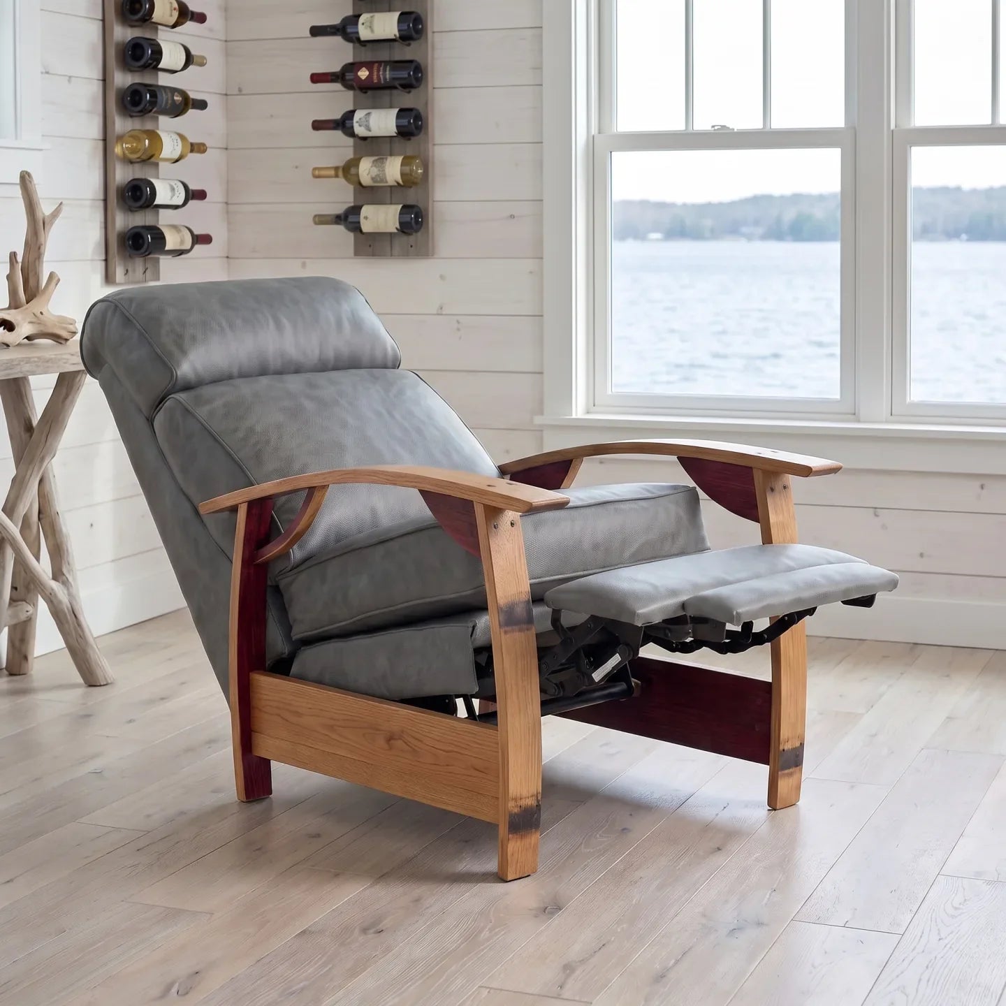 Wine Barrel Recliner - Gray Italian Leather - angled front view reclined