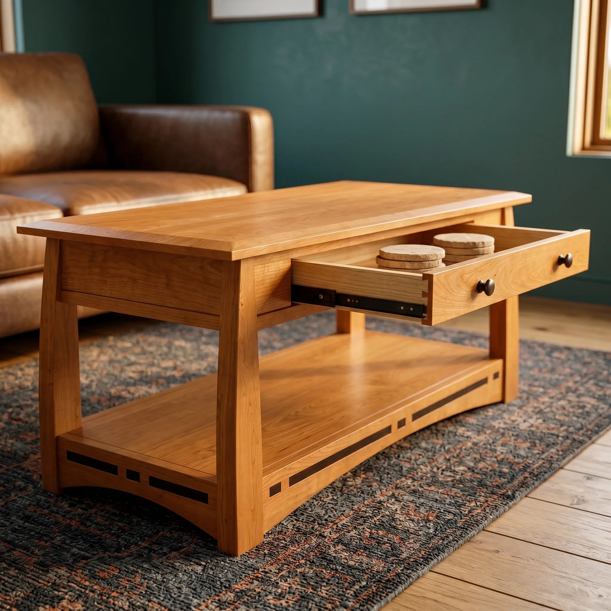 African Inlay Coffee Table - Nutmeg — open drawer showing hand-cut dovetails and soft-close slide