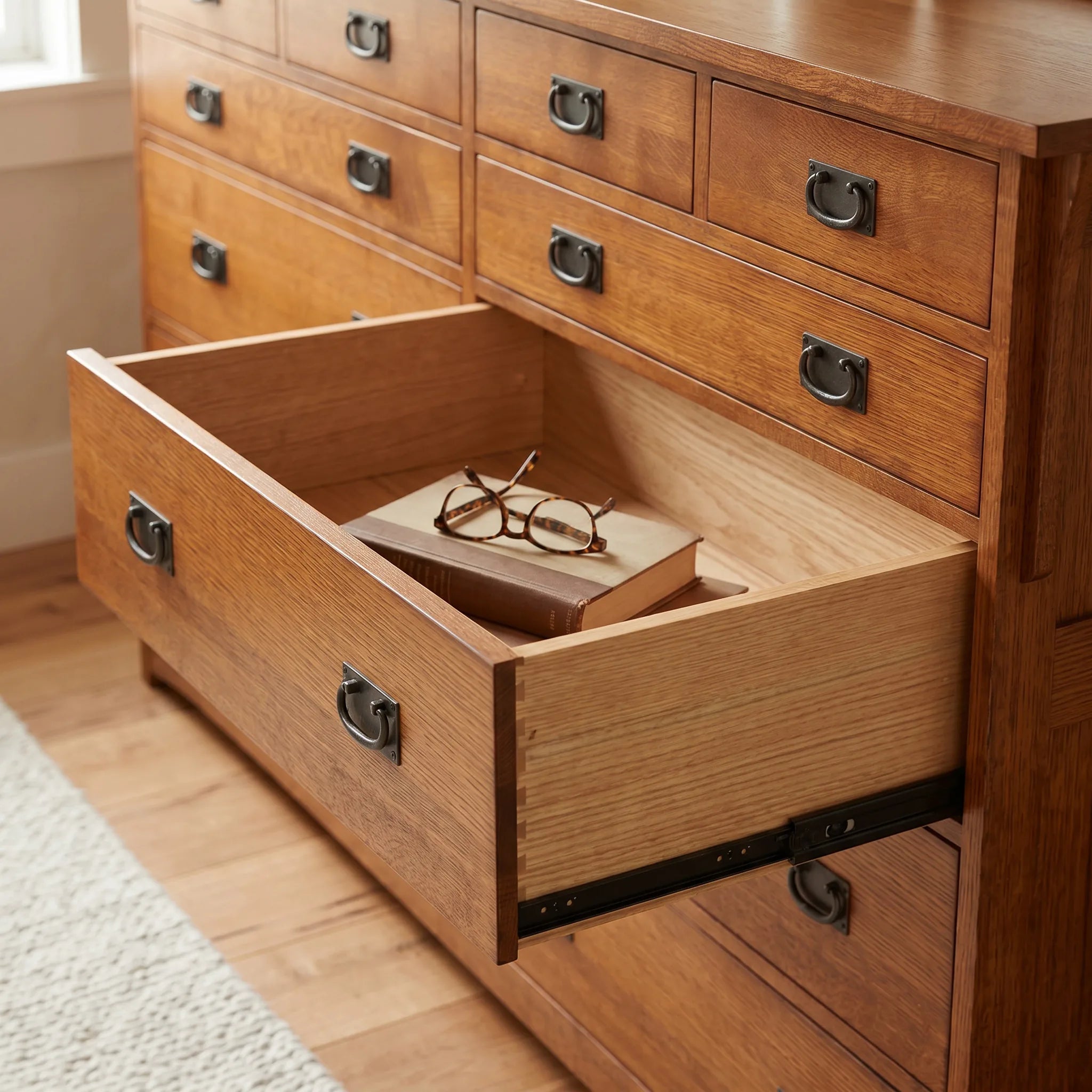Mission 10-Drawer Dresser - Solid Oak — open drawer showing hand-cut dovetails and soft-close slide