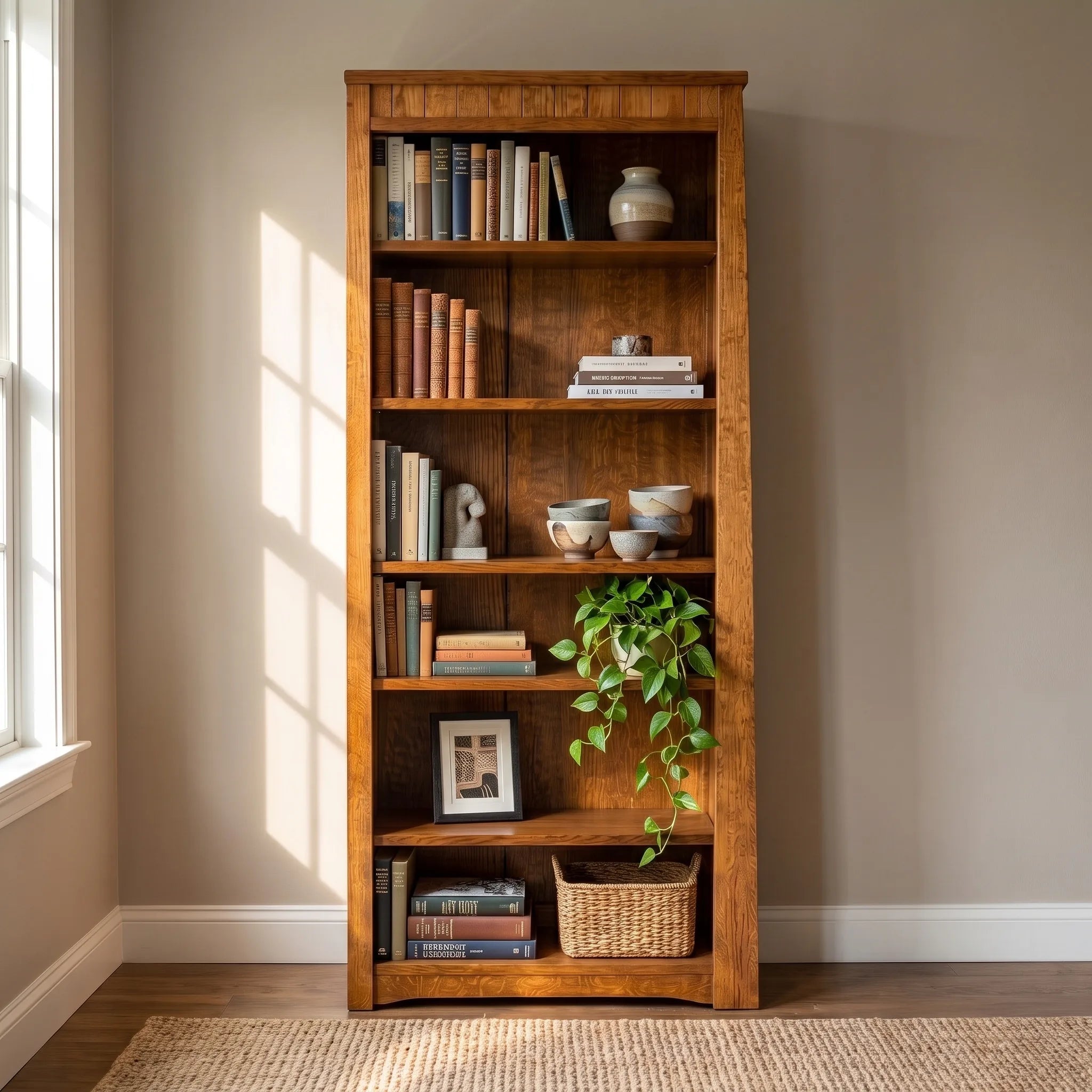 72" Bookcase - Solid Oak — detail view