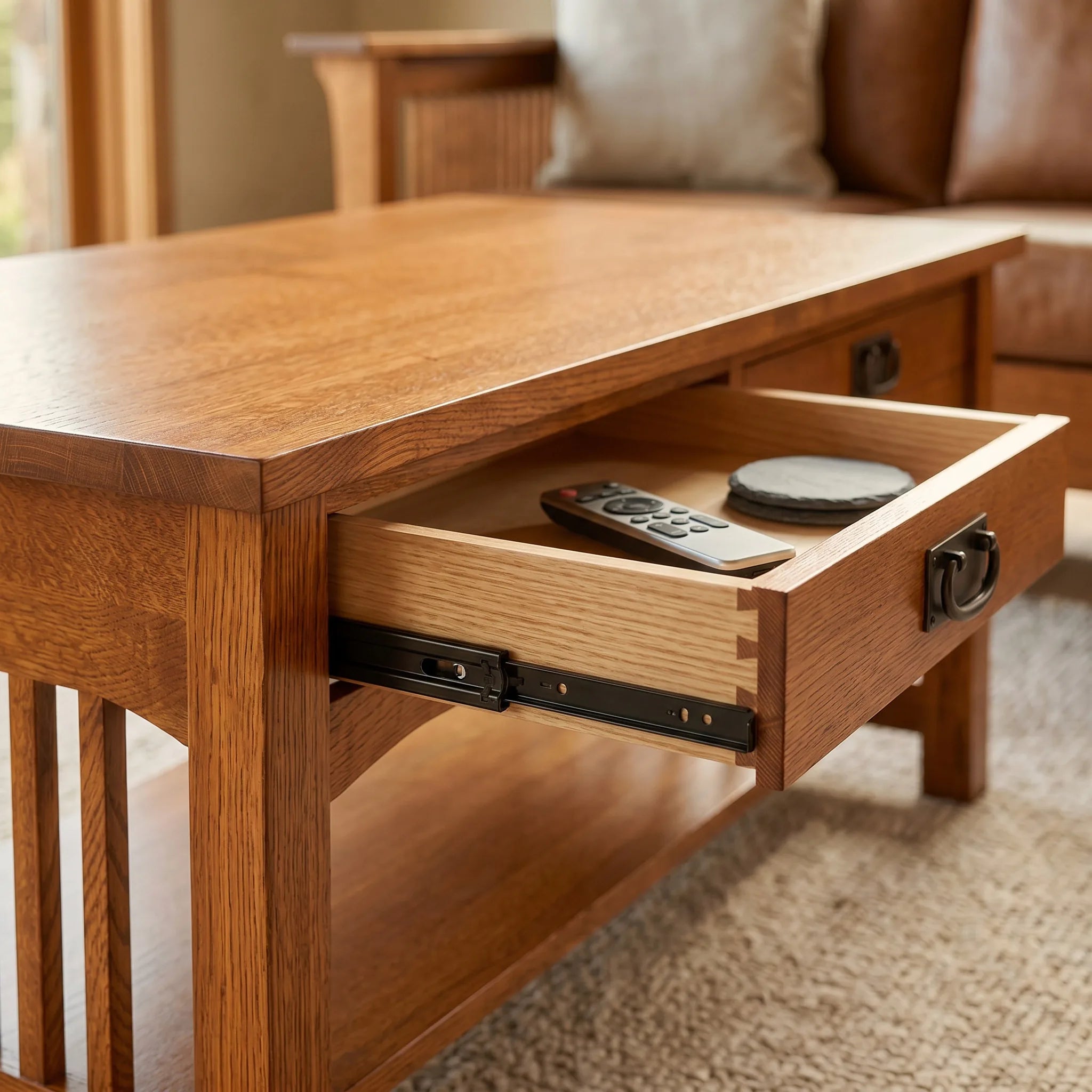 Mission Coffee Table - Antique Brown — open drawer showing hand-cut dovetails and soft-close slide