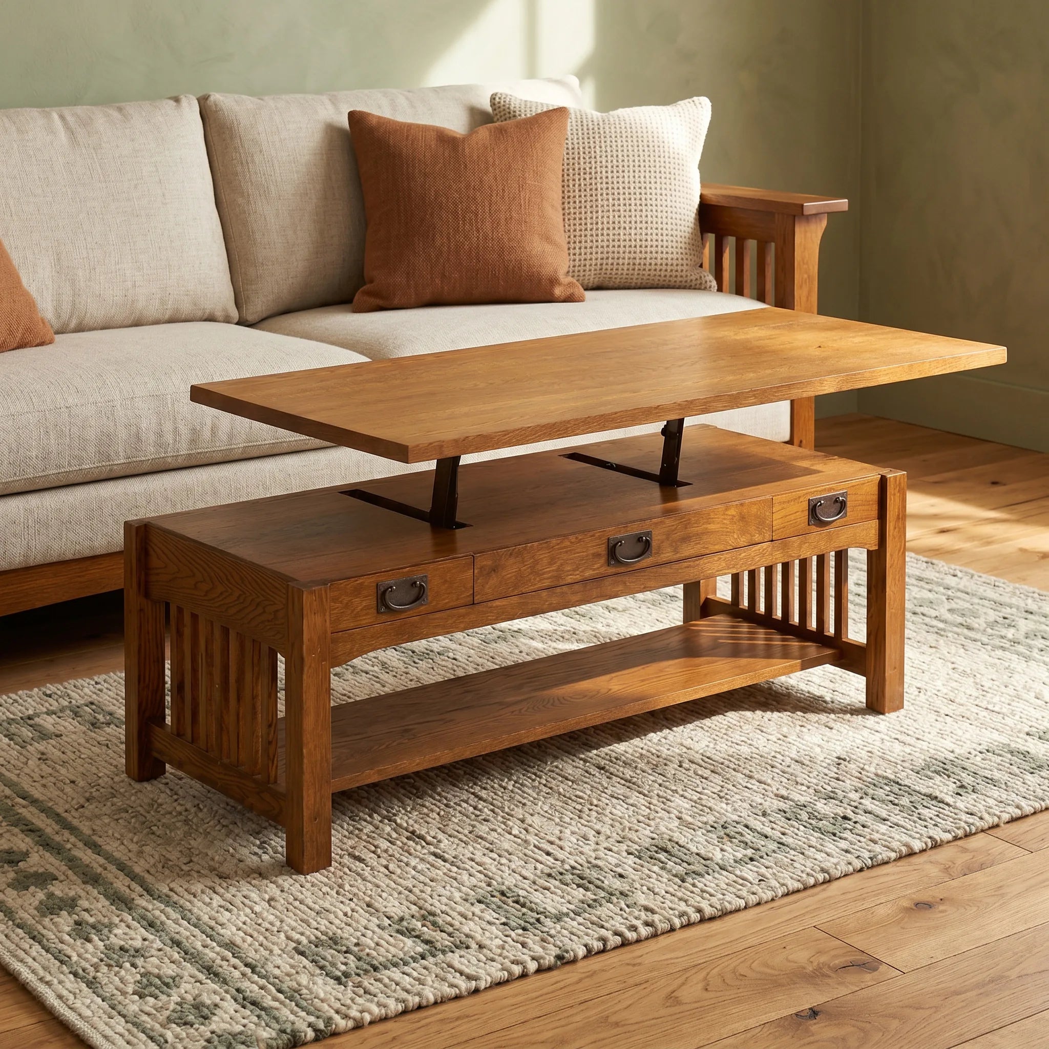 Mission Lift-Top Coffee Table - Antique Brown — lift-top shown raised