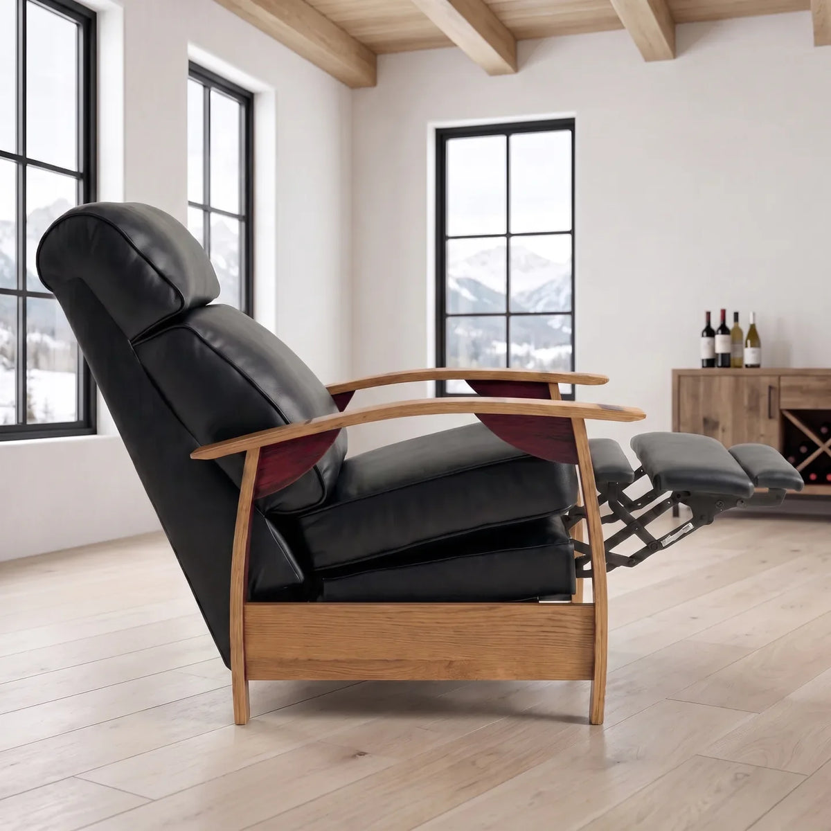 Wine Barrel Recliner - Black Italian Leather - side view reclined