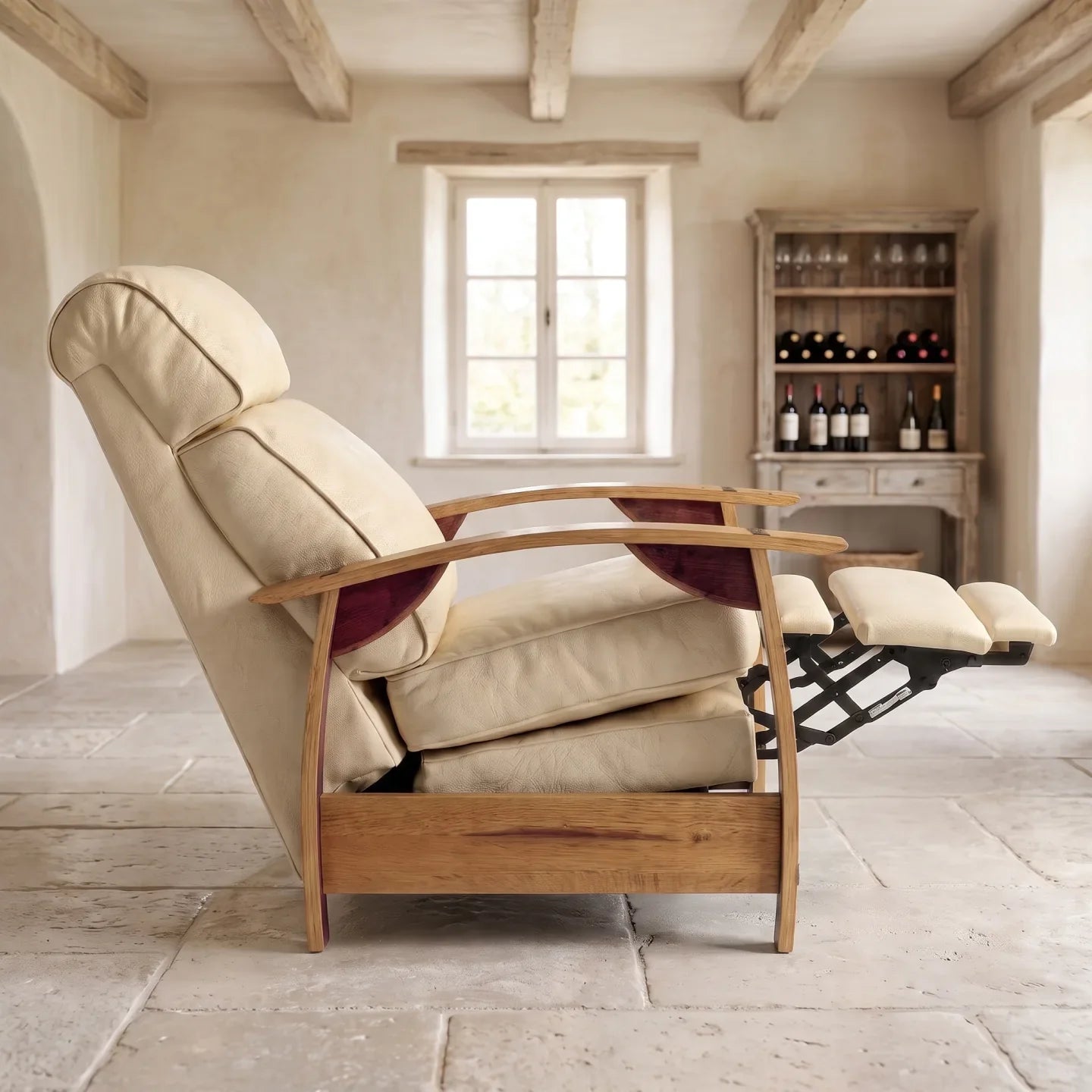 Wine Barrel Recliner - French Vanilla Italian Leather - side view reclined
