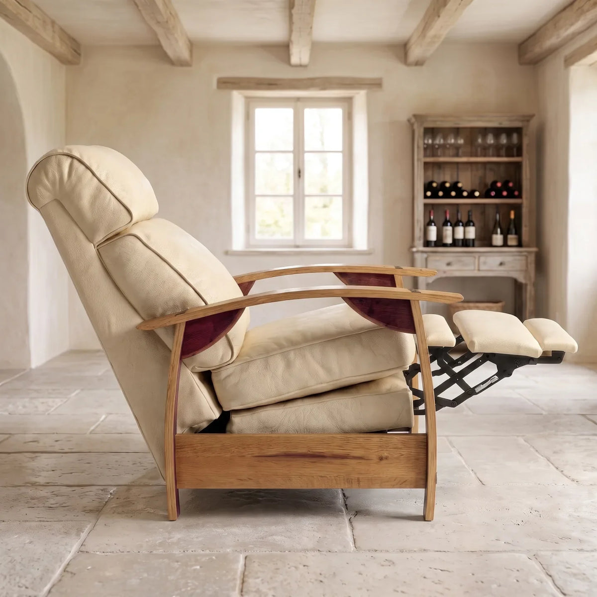 Wine Barrel Recliner - French Vanilla Italian Leather - side view reclined
