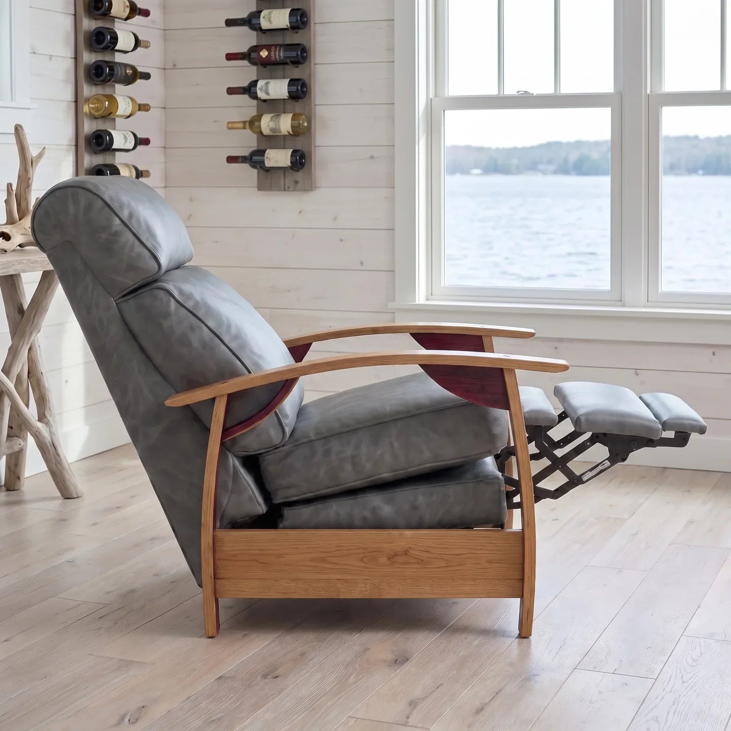 Wine Barrel Recliner - Gray Italian Leather - side view reclined