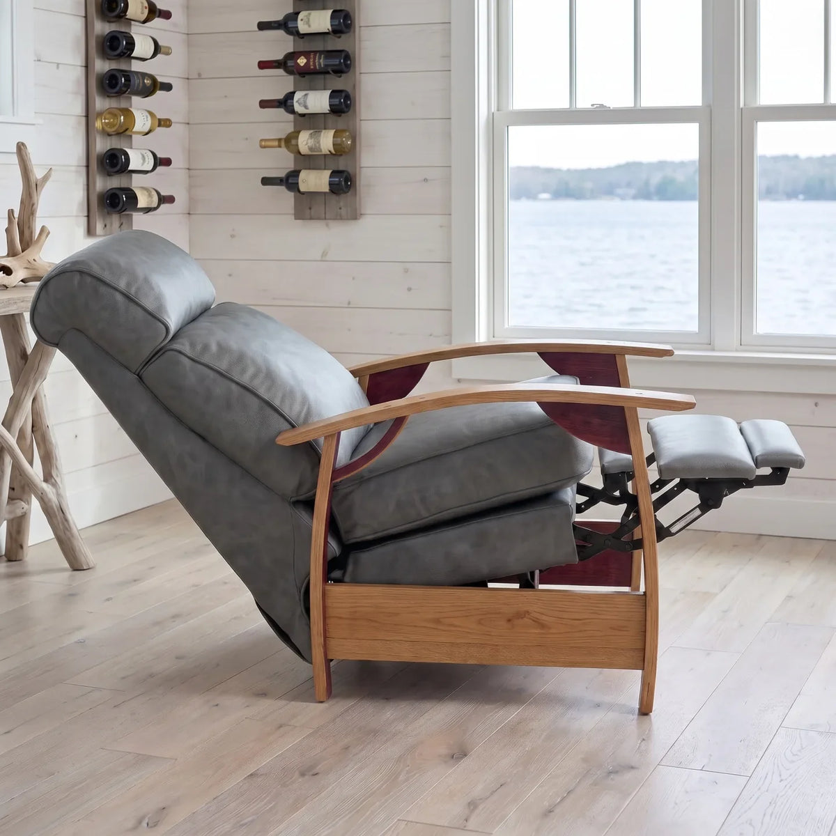 Wine Barrel Recliner - Gray Italian Leather - side view fully reclined