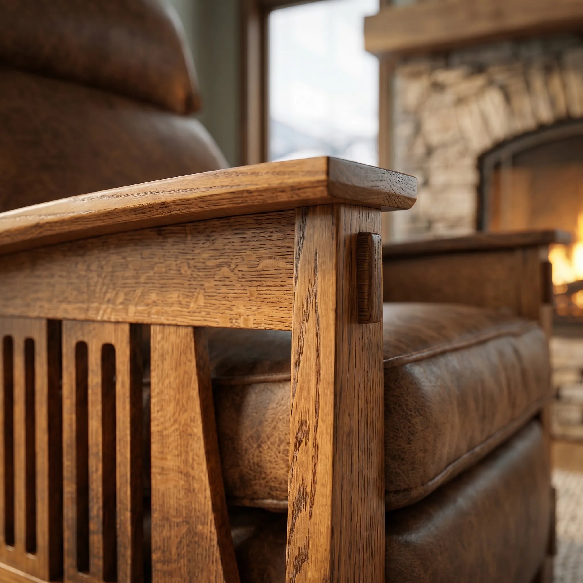 Bungalow Solid Oak Recliner — quarter-sawn wood grain detail