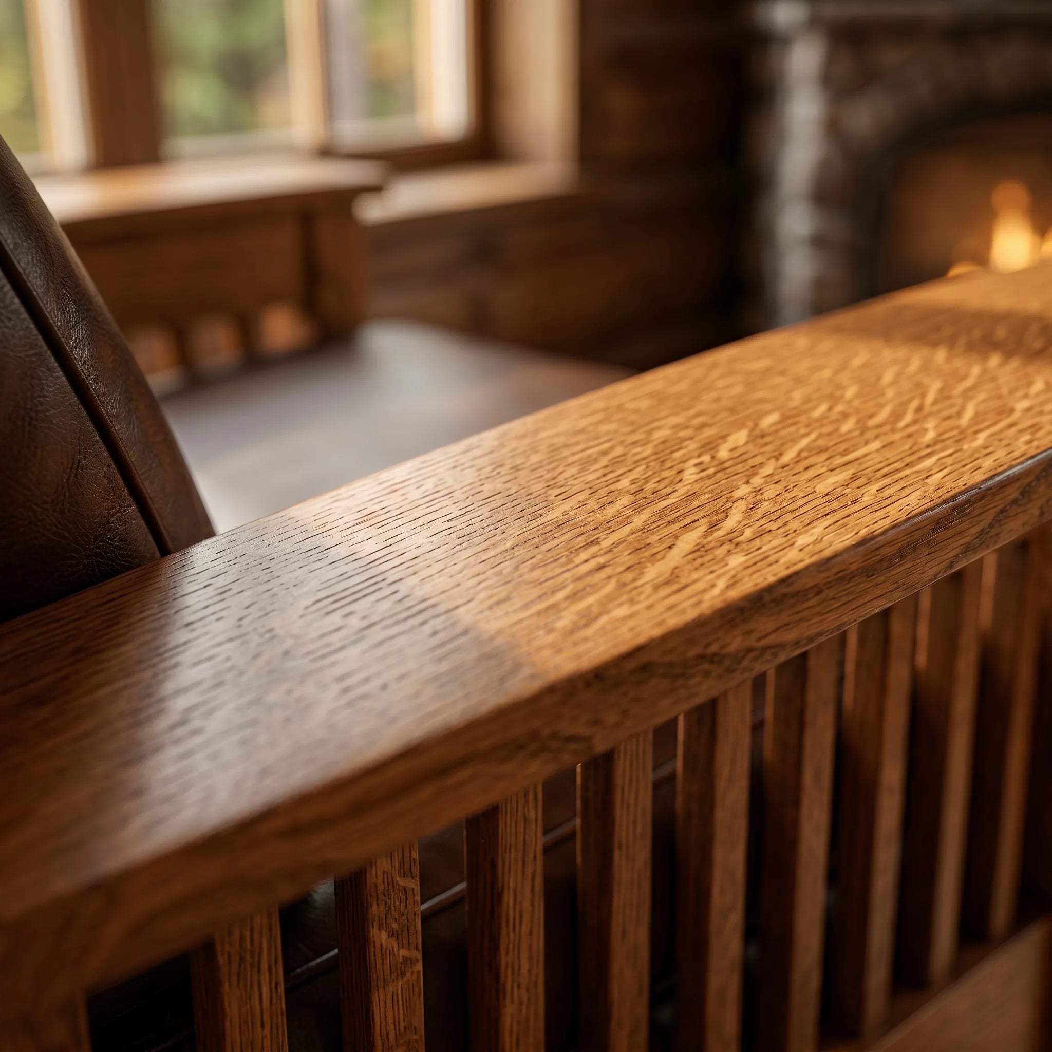 Mission Spindle Recliner - Solid Oak — quarter-sawn wood grain detail