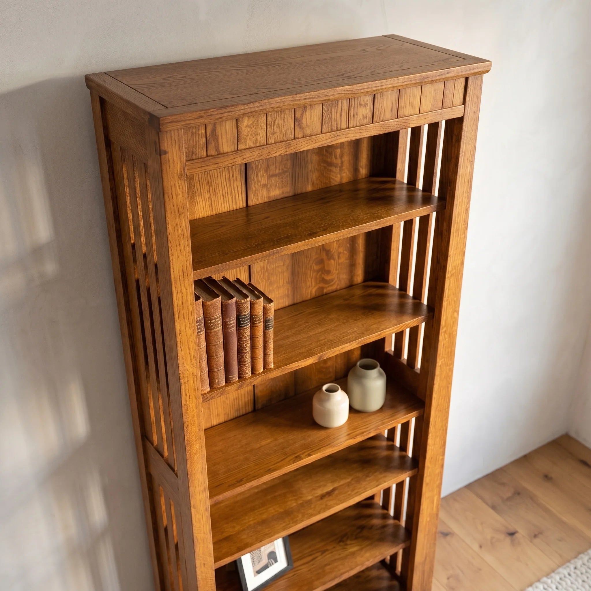 72" Bookcase - Solid Oak — detail view