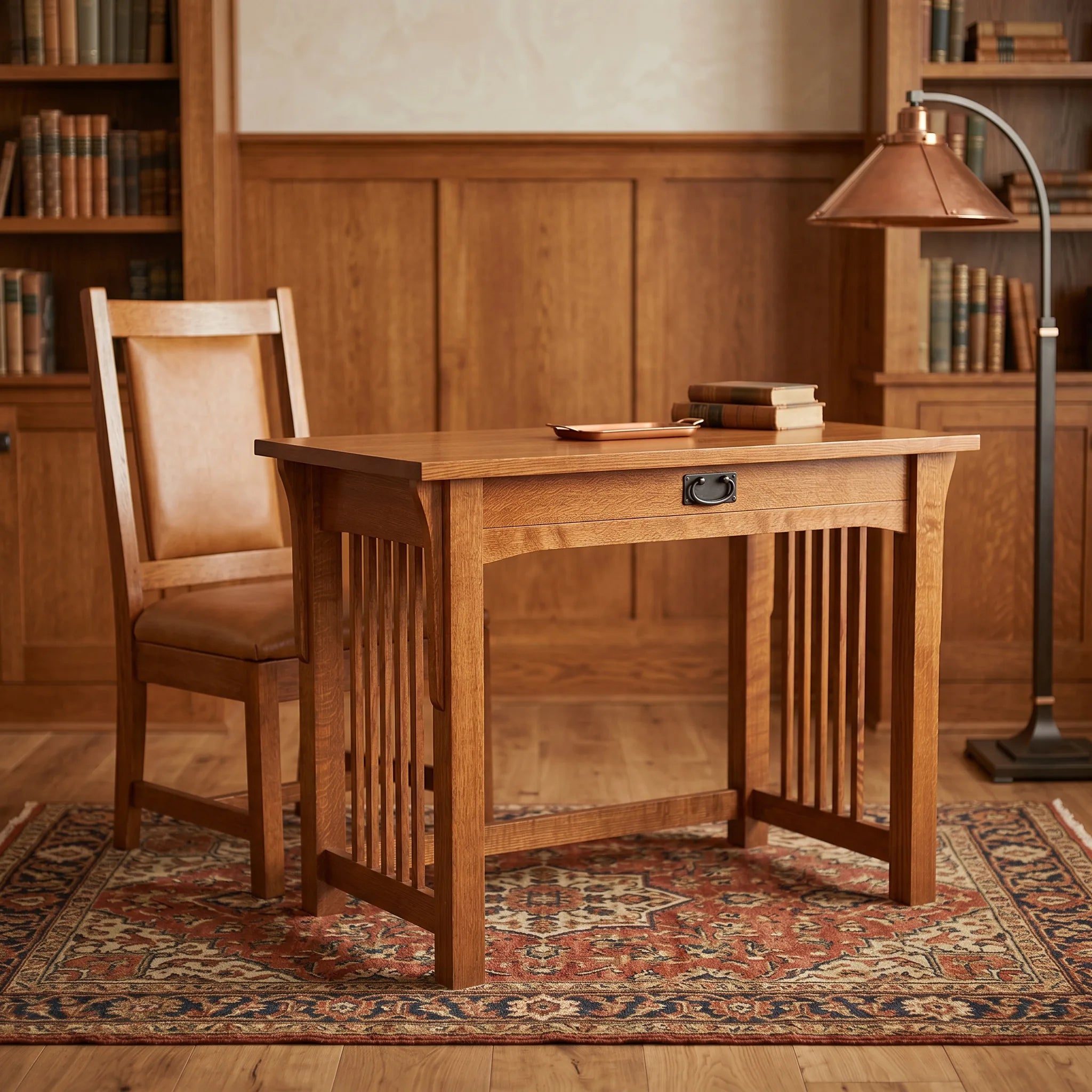 Mission 1-Drawer Desk - Solid Oak — shown with the matching collection