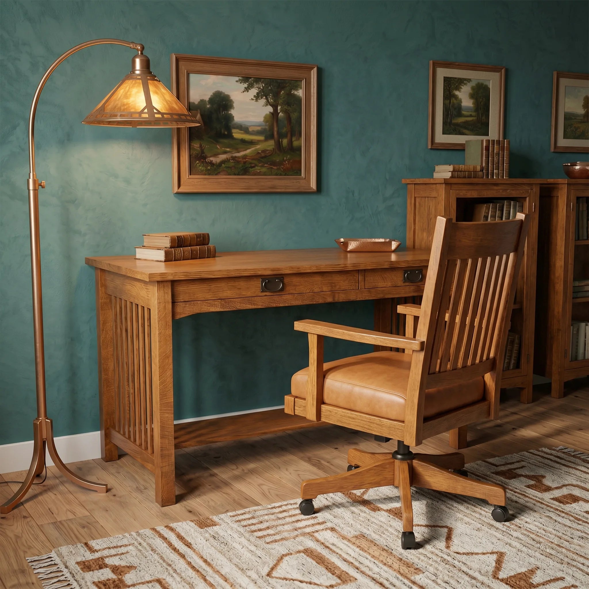 Mission 2-Drawer Desk - Solid Oak — styled in a room setting