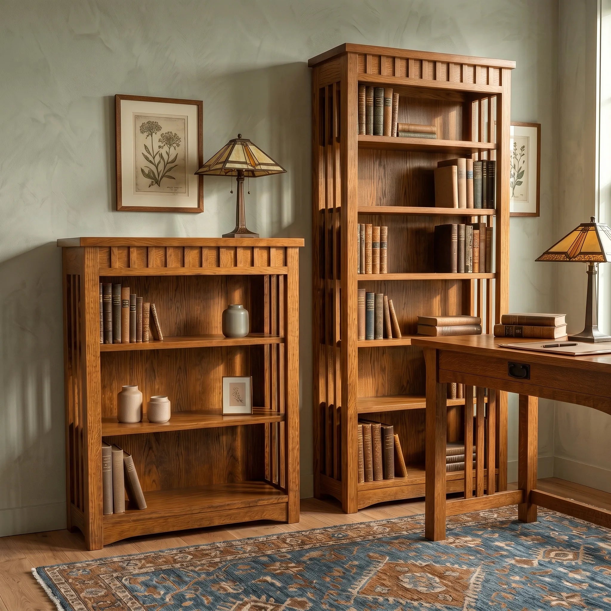38" Bookcase - Solid Oak — styled in a room setting