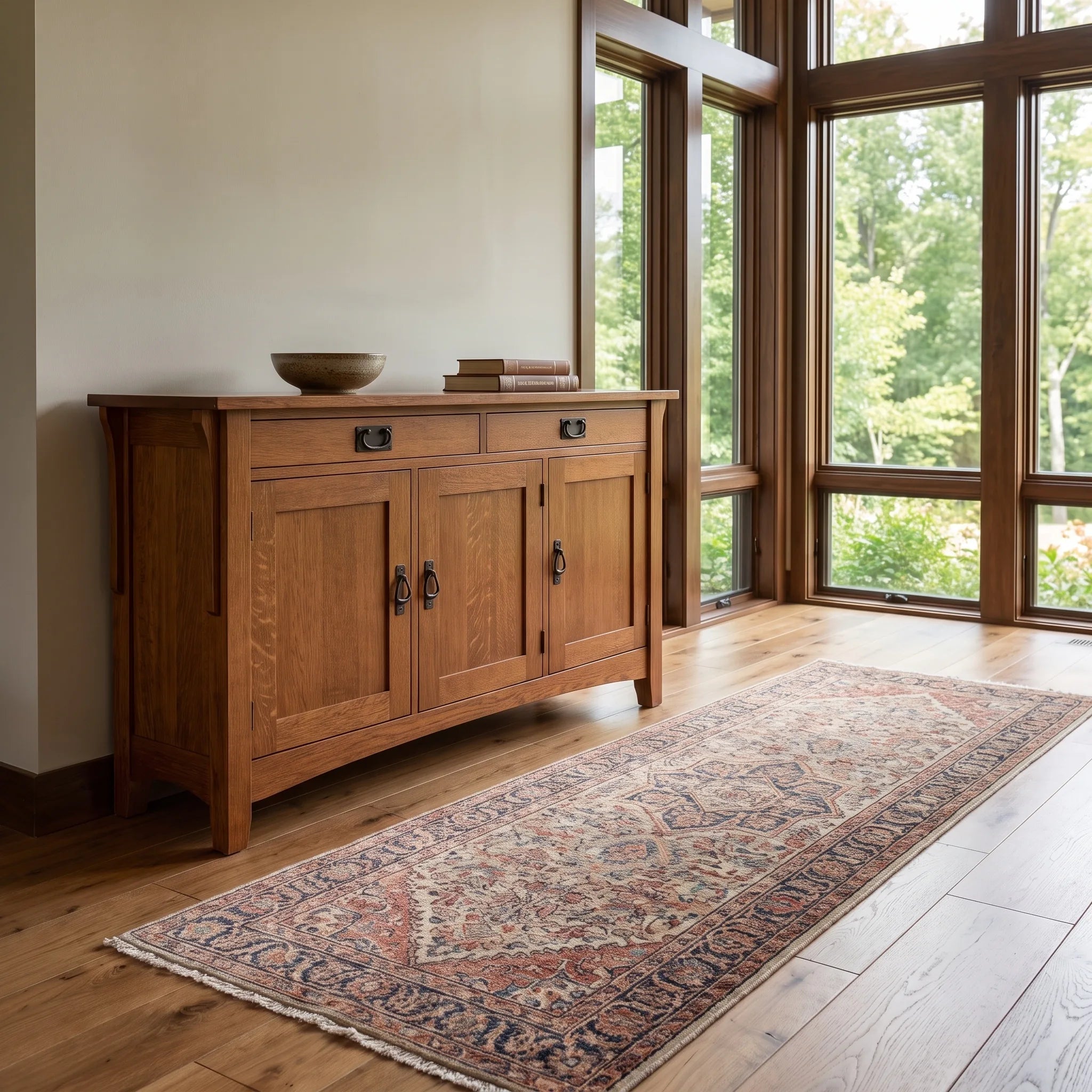 Mission 3-Door Console - Solid Oak — styled in a room setting