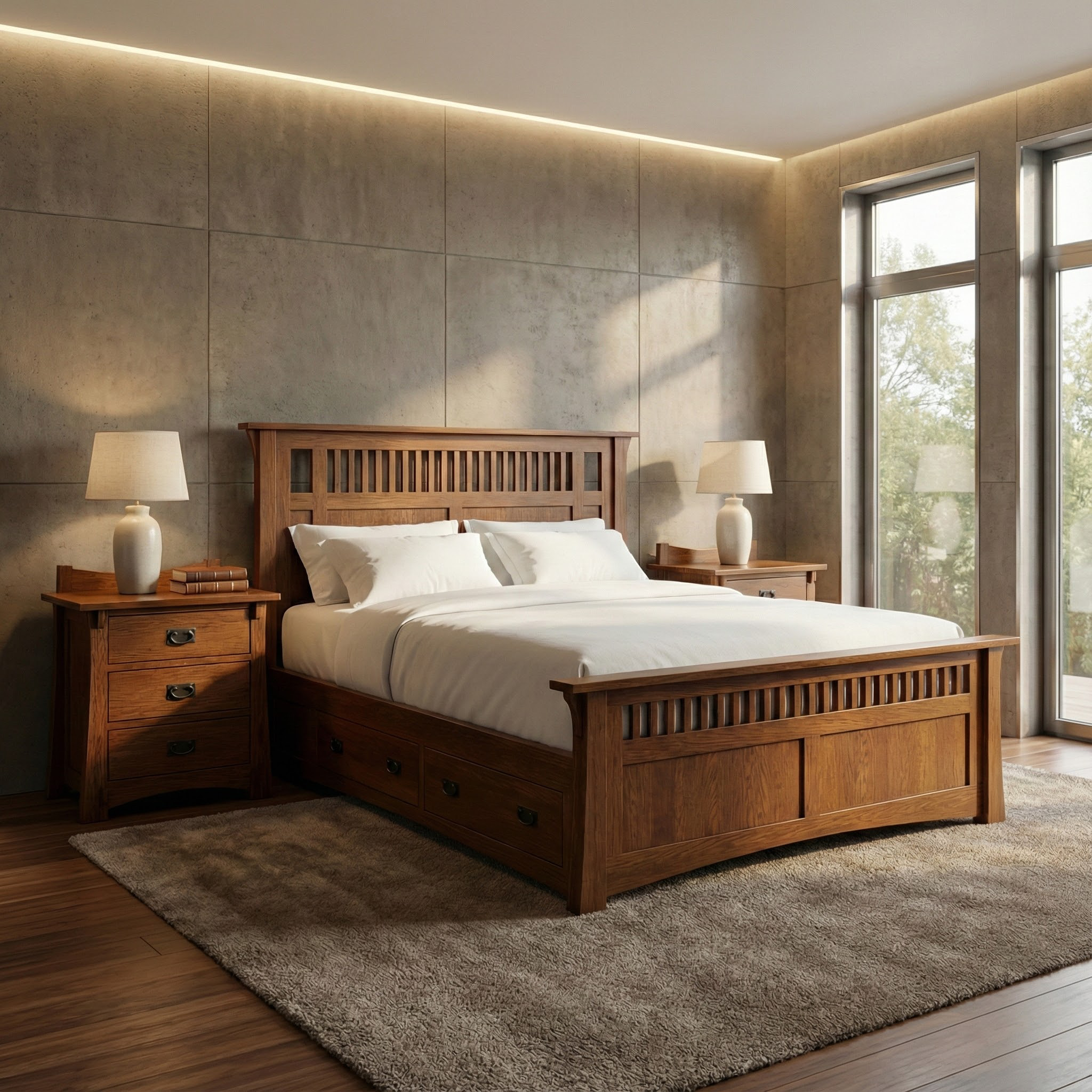 Queen Mosaic Platform Bungalow Bed Frame - Solid Oak