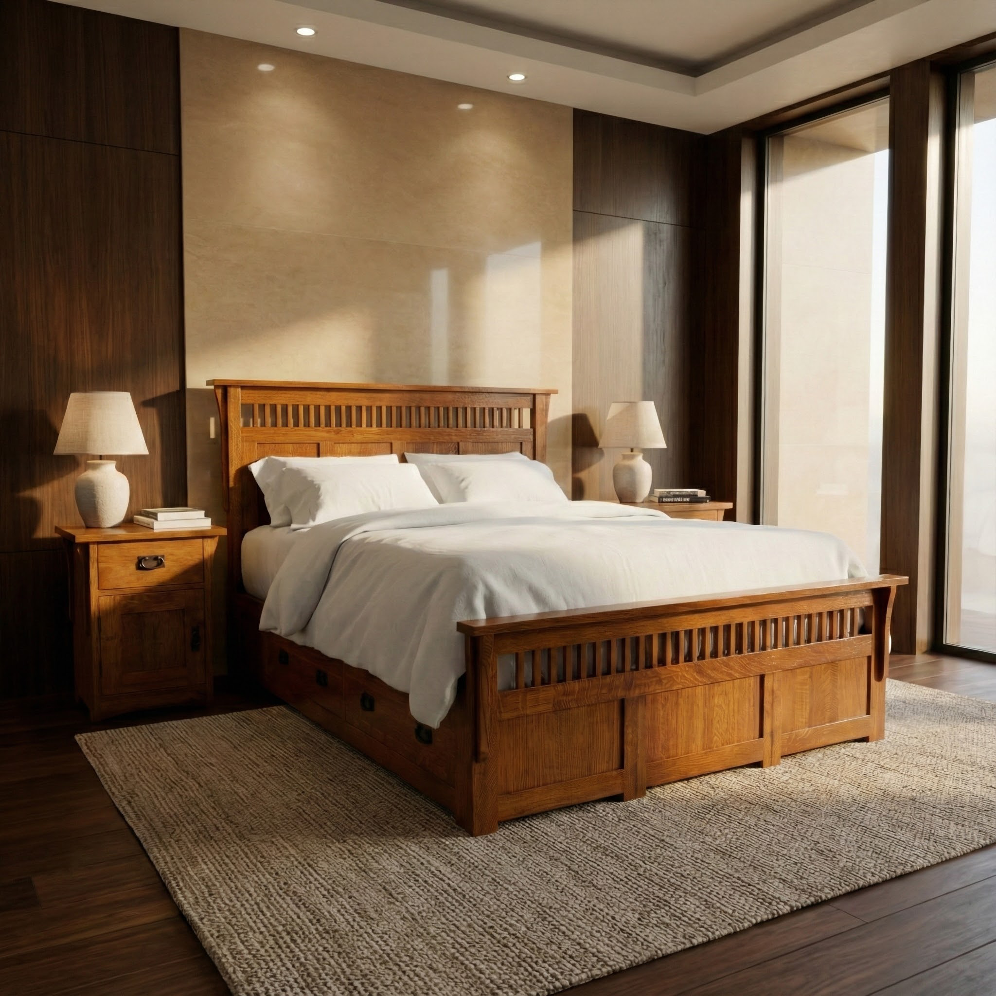 Queen Panel Spindle Platform Bed Frame - Solid Oak