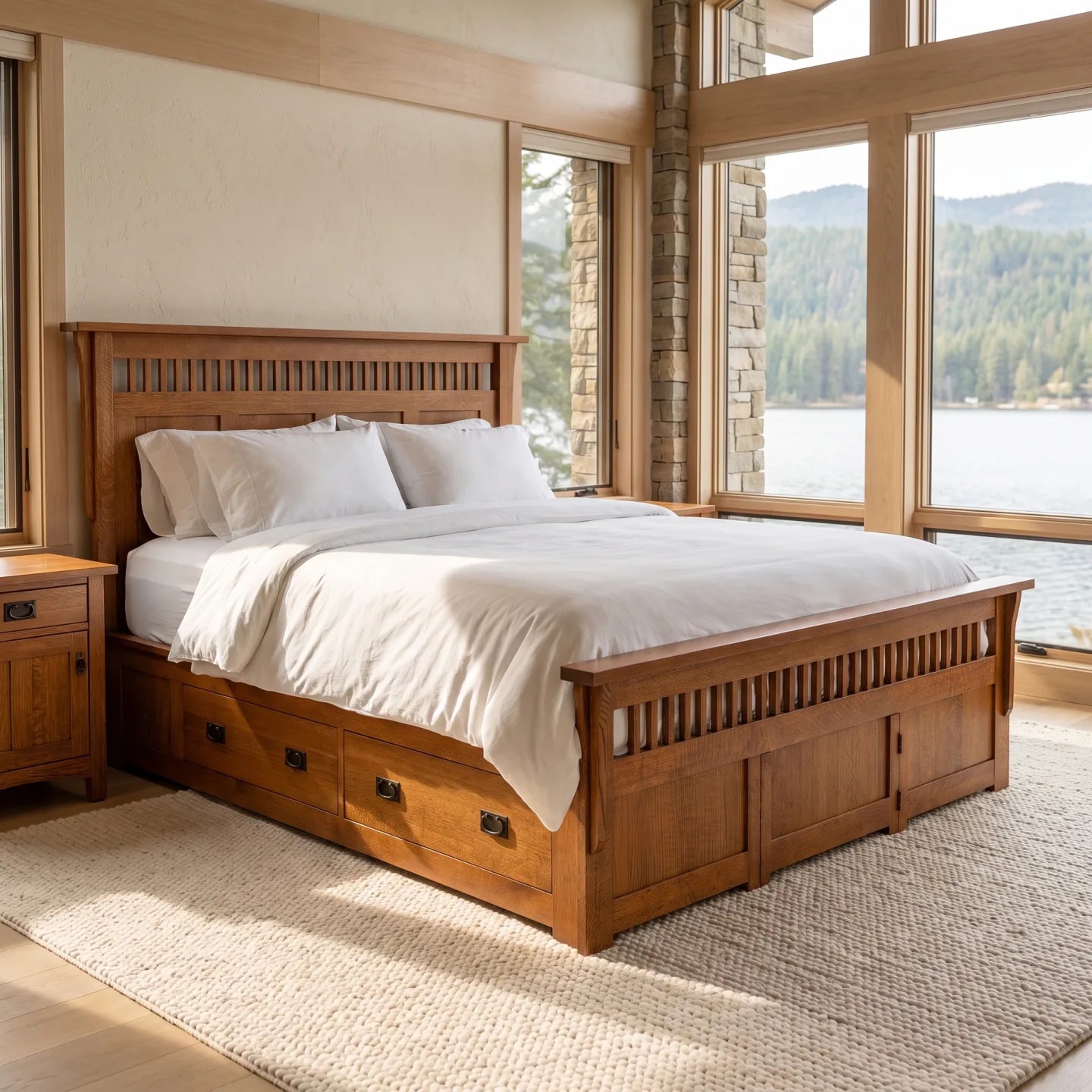 Queen Panel Spindle Platform Bed Frame - Antique Brown