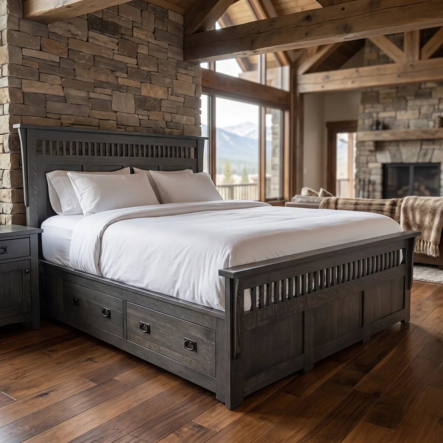 Queen Panel Spindle Platform Bed Frame - Charcoal
