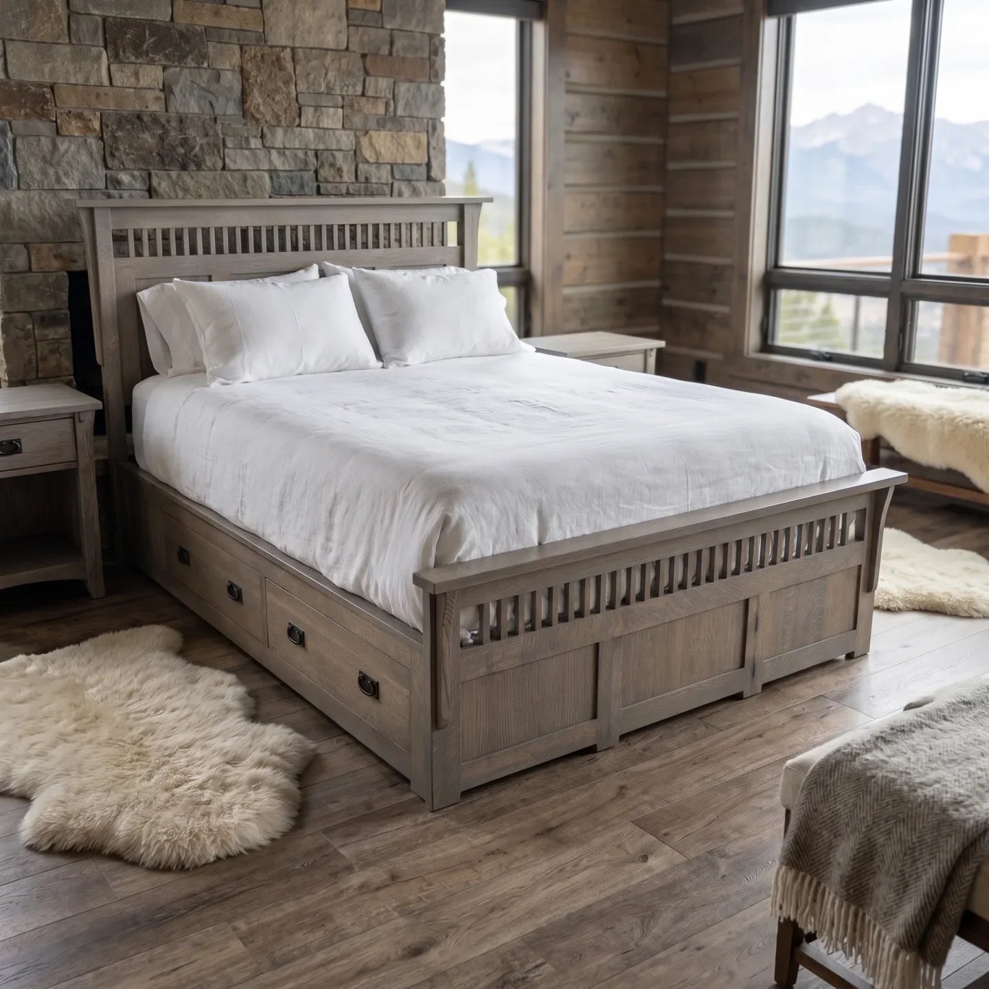 Queen Panel Spindle Platform Bed Frame - Stone Gray