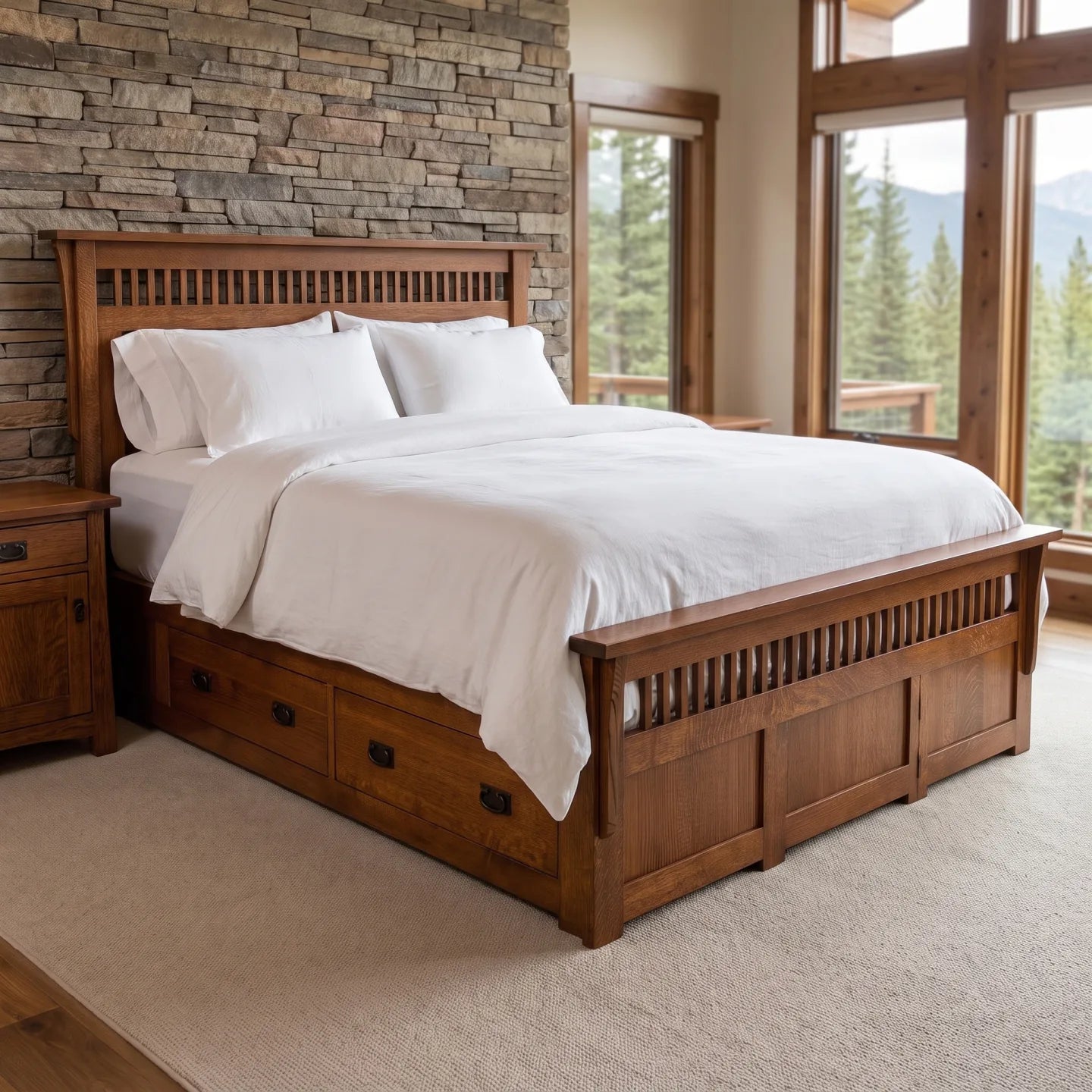 Queen Panel Spindle Platform Bed Frame - Walnut