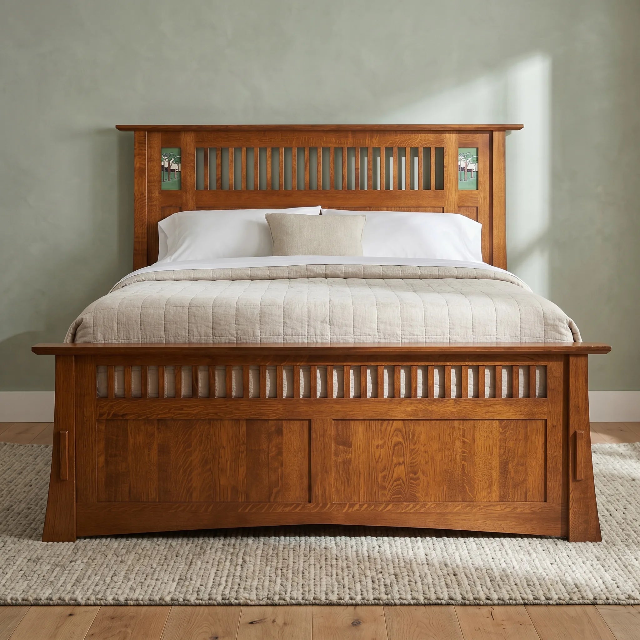 Queen Mosaic Platform Bungalow Bed Frame - Solid Oak — front view