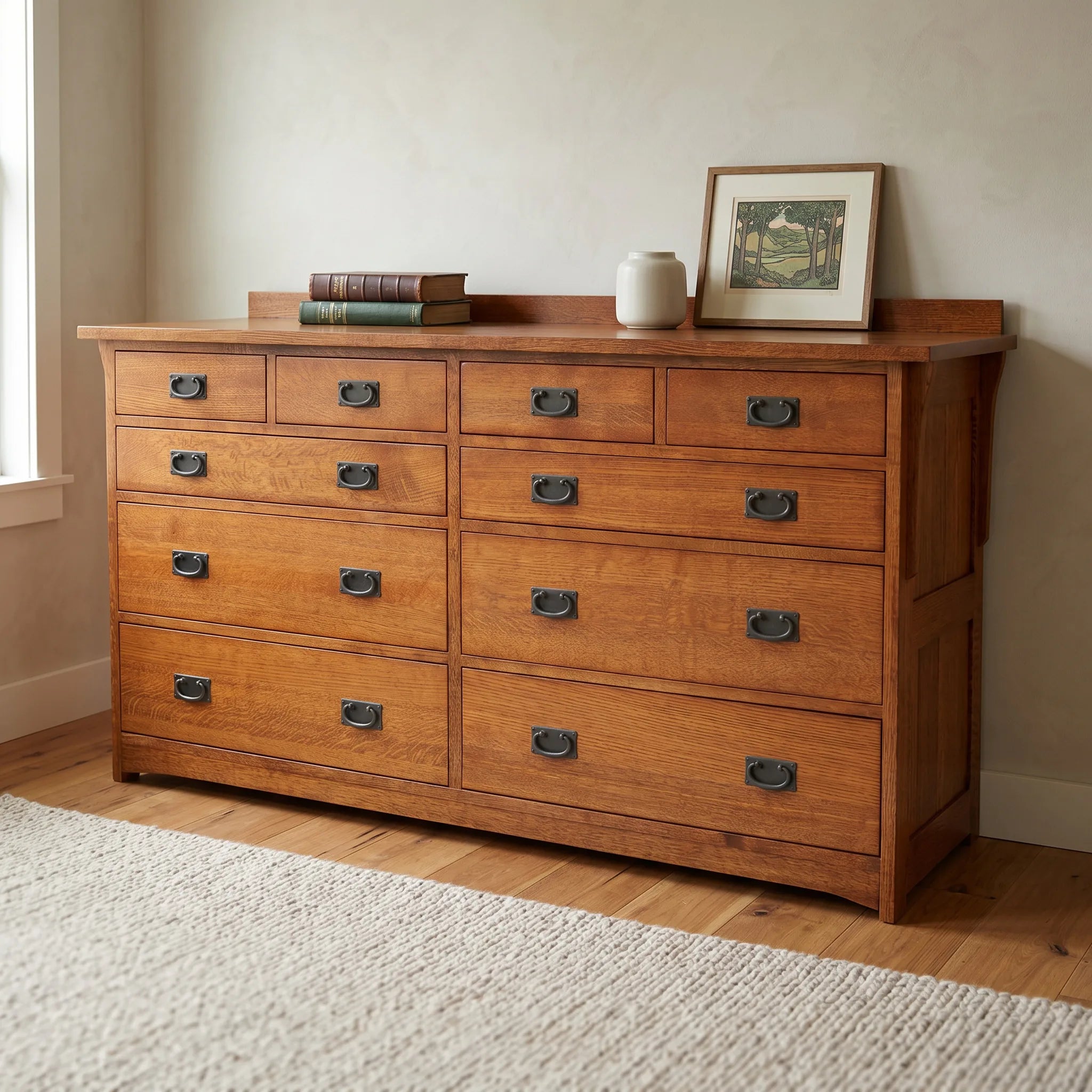 Mission 10-Drawer Dresser - Solid Oak — front view