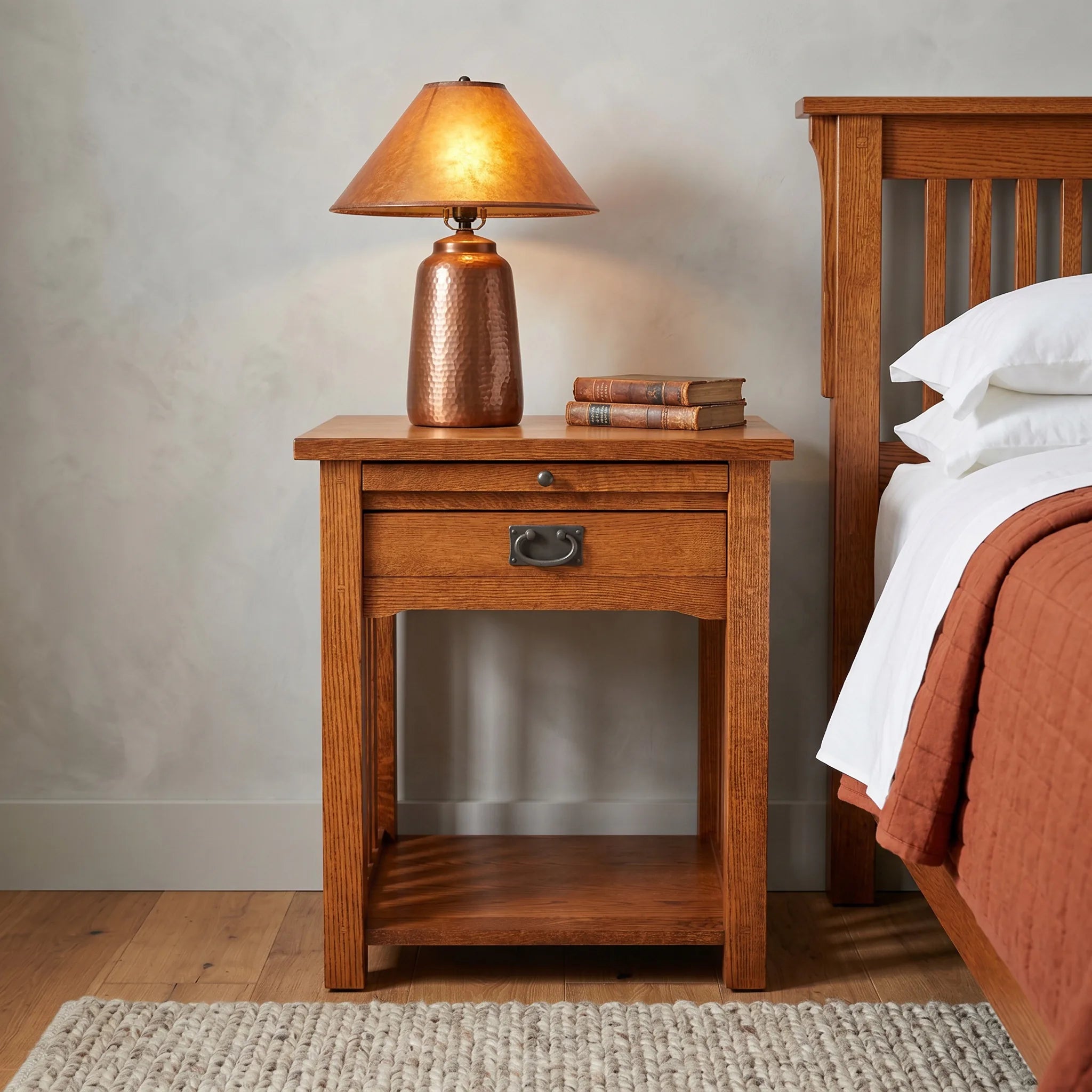 Mission 1-Drawer Tray Nightstand - Solid Oak — front view