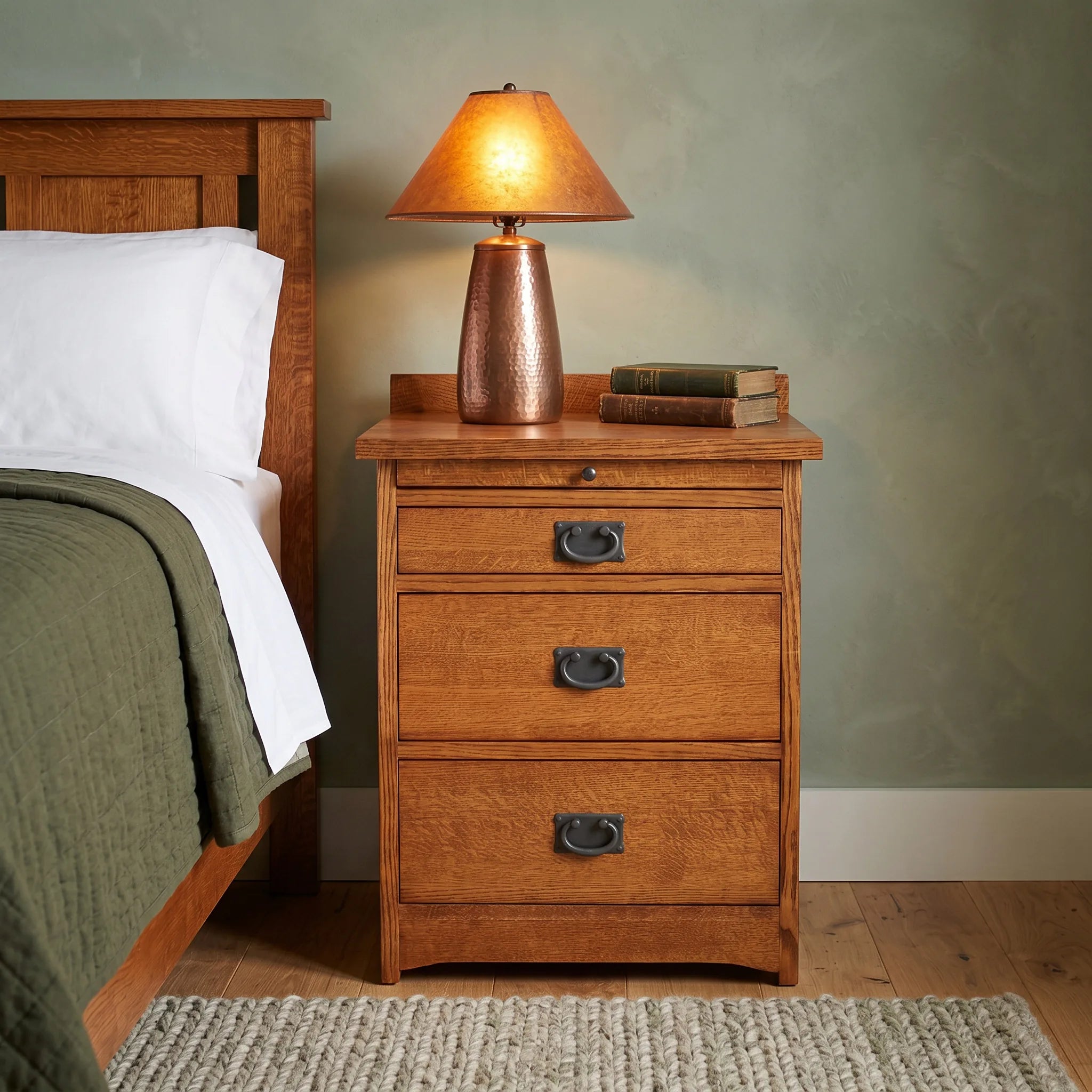 Mission 3-Drawer Tray Nightstand - Solid Oak — front view