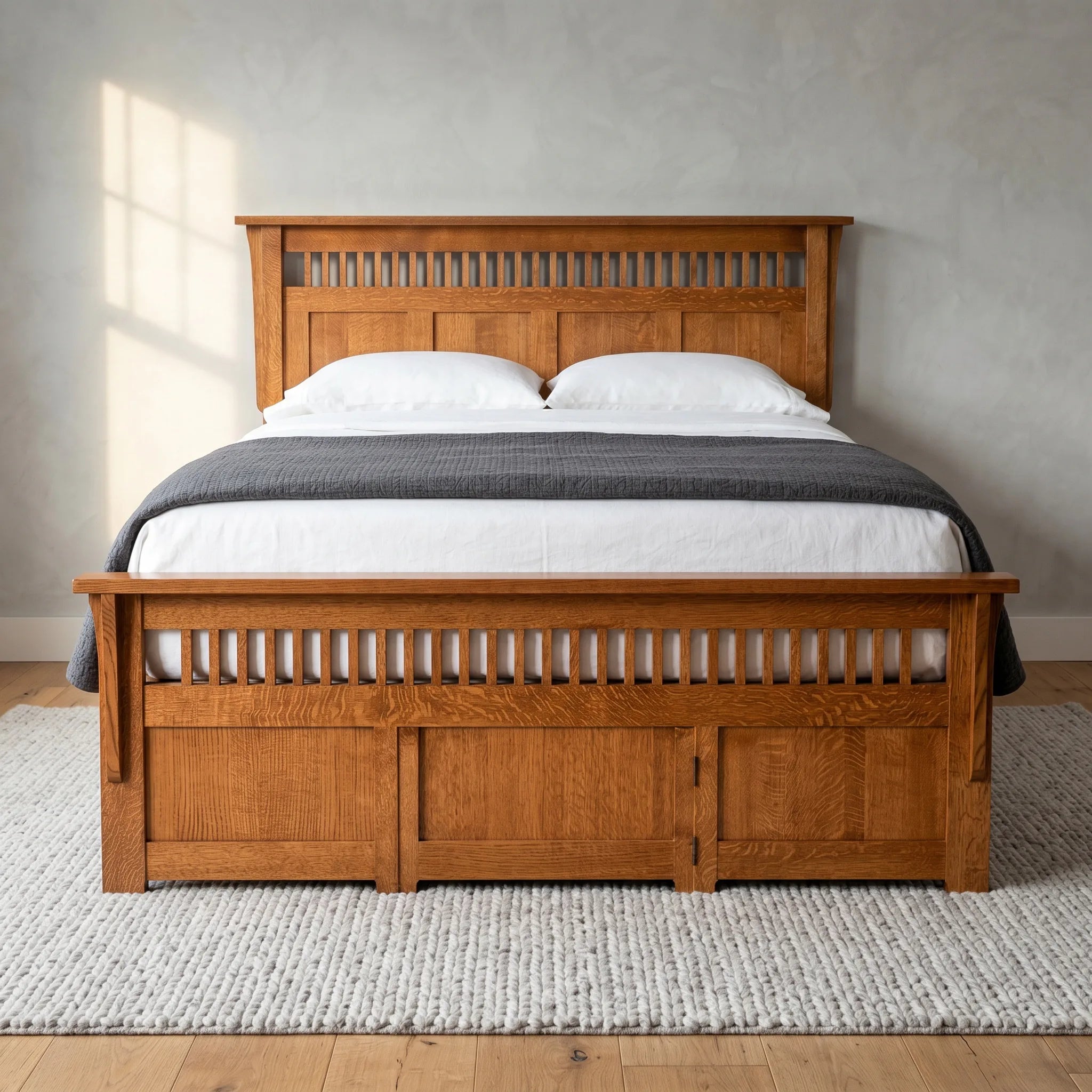 Queen Panel Spindle Platform Bed Frame - Solid Oak — front view