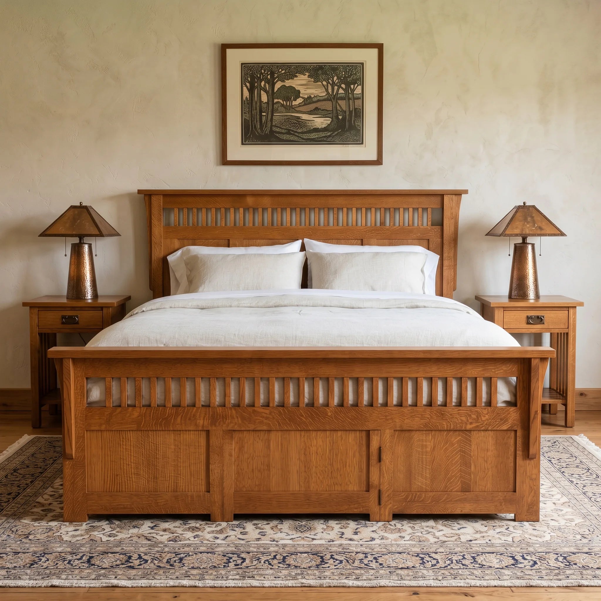 Queen Spindle Platform Bed Frame - Solid Oak