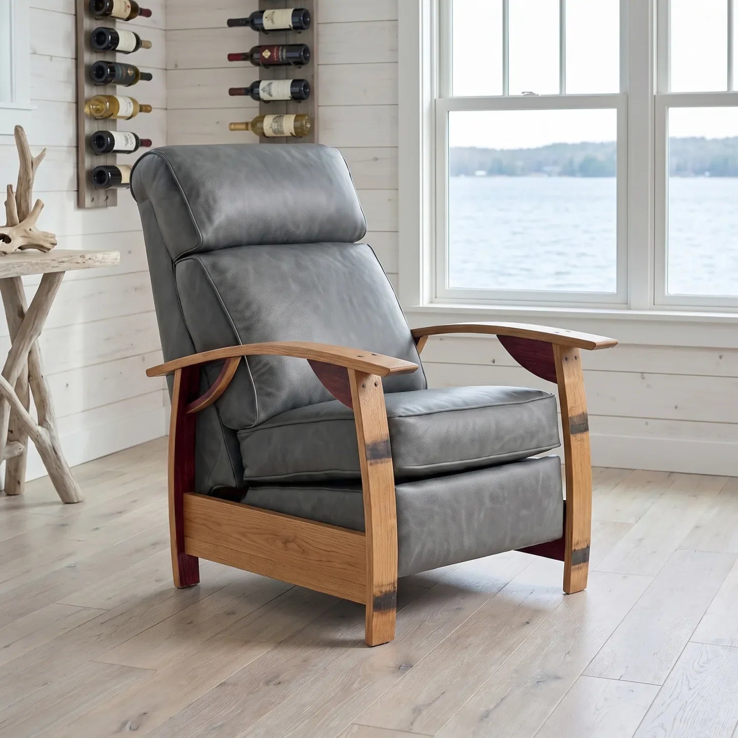 Wine Barrel Recliner - Gray Italian Leather - angled front view