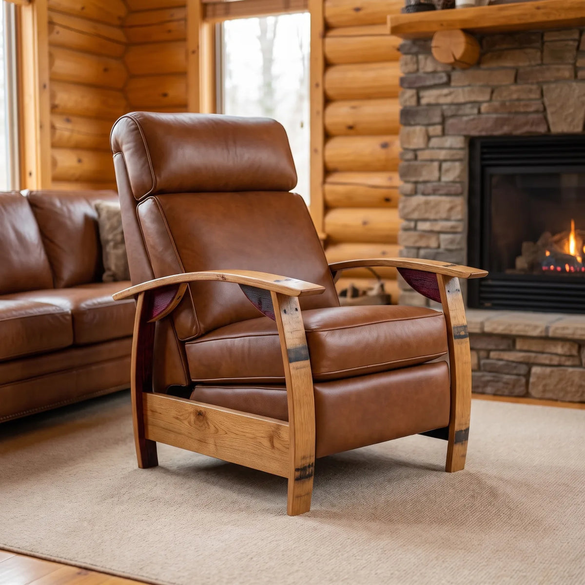 Wine Barrel Recliner - Whiskey Italian Leather - angled front view