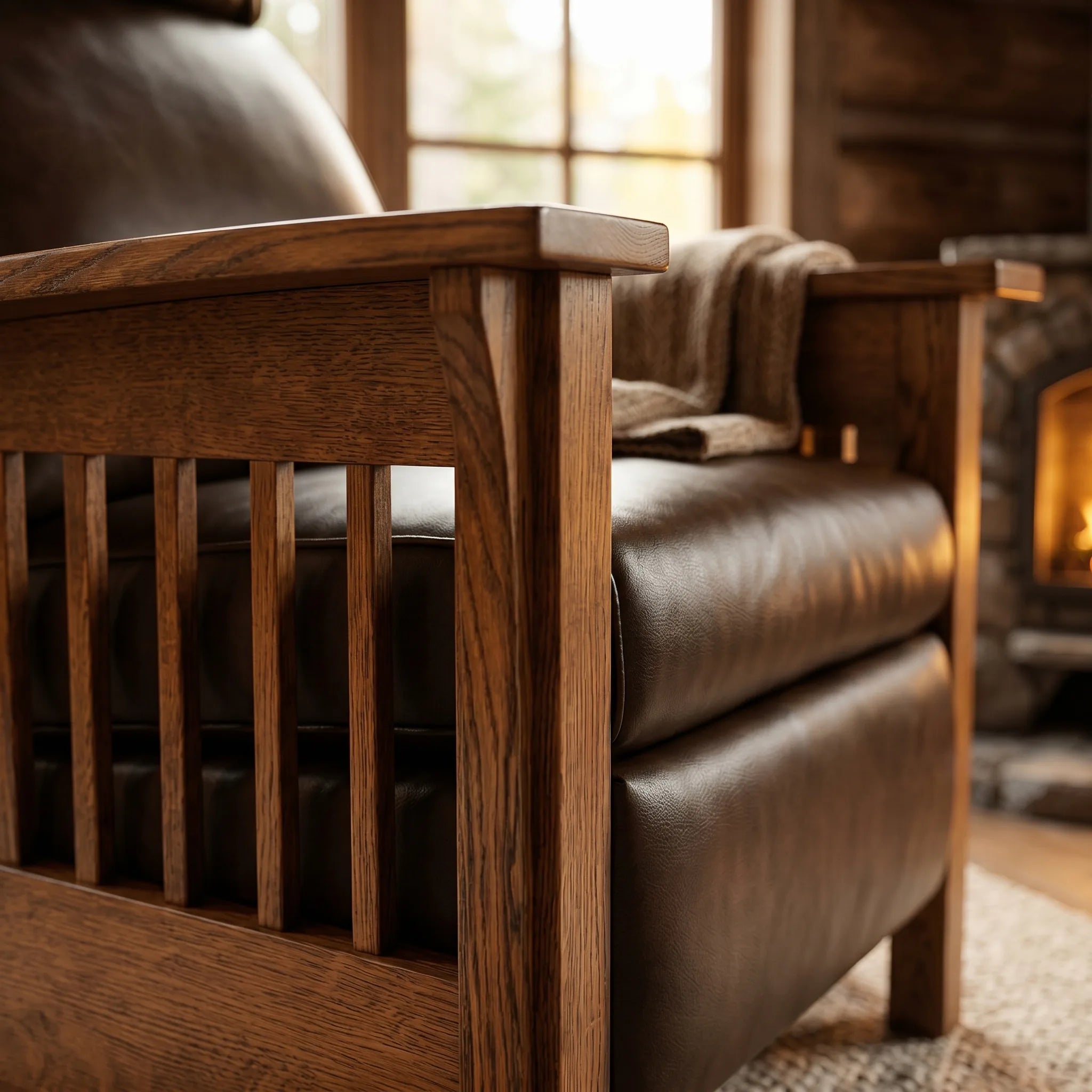 Mission Spindle Recliner - Solid Oak — close-up detail