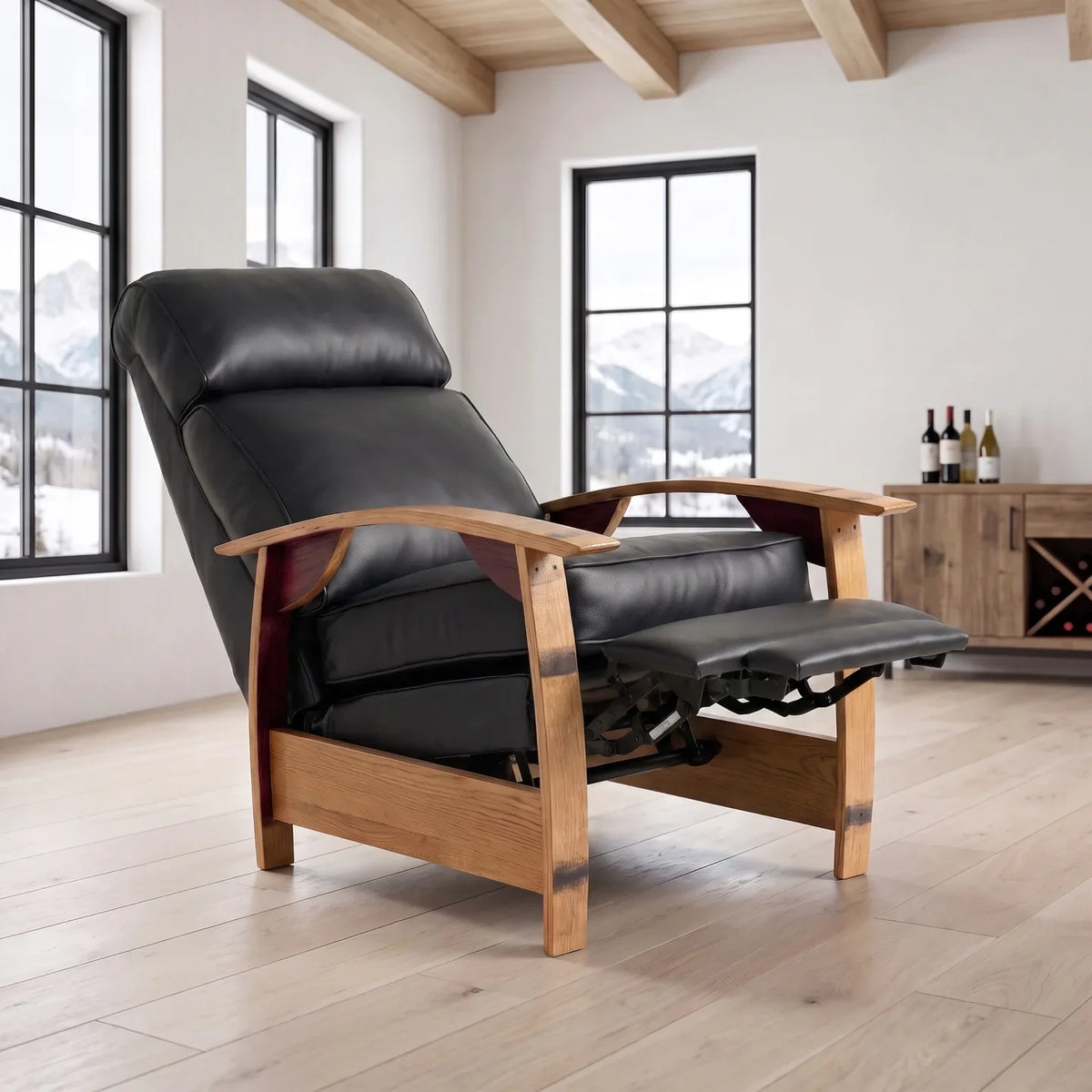 Wine Barrel Recliner - Black Italian Leather - angled front view reclined