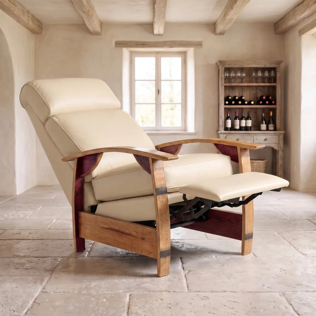 Wine Barrel Recliner - French Vanilla Italian Leather - angled front view reclined
