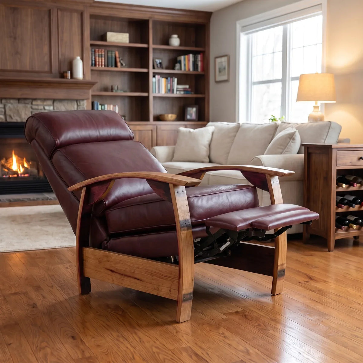 Wine Barrel Recliner - Oxblood Italian Leather - angled front view reclined
