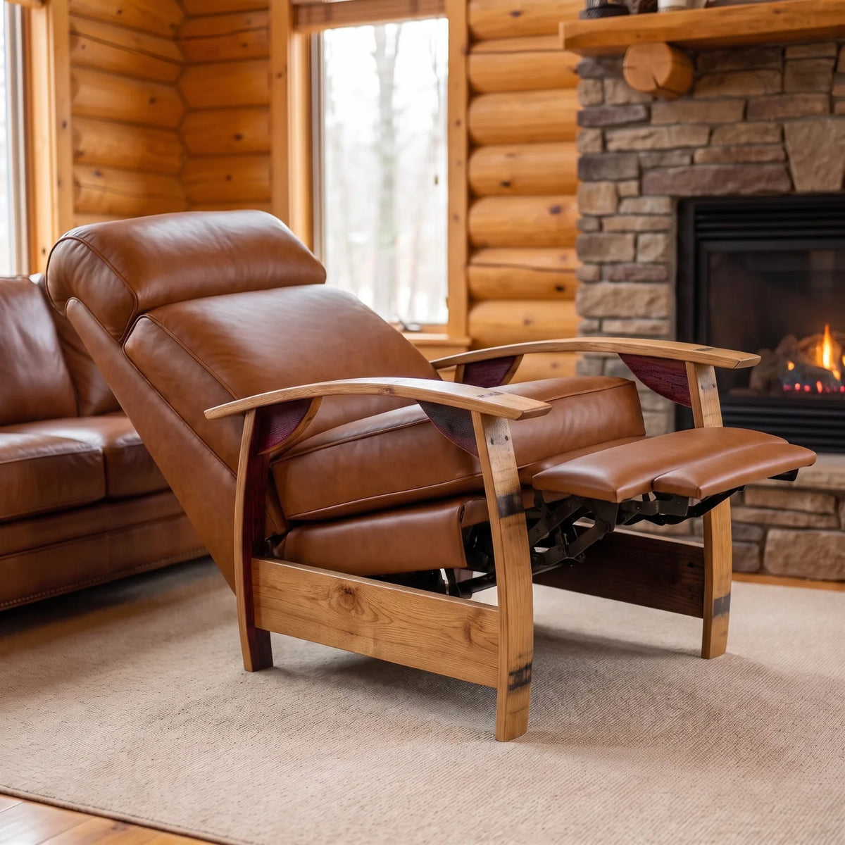 Wine Barrel Recliner - Whiskey Italian Leather - angled front view reclined