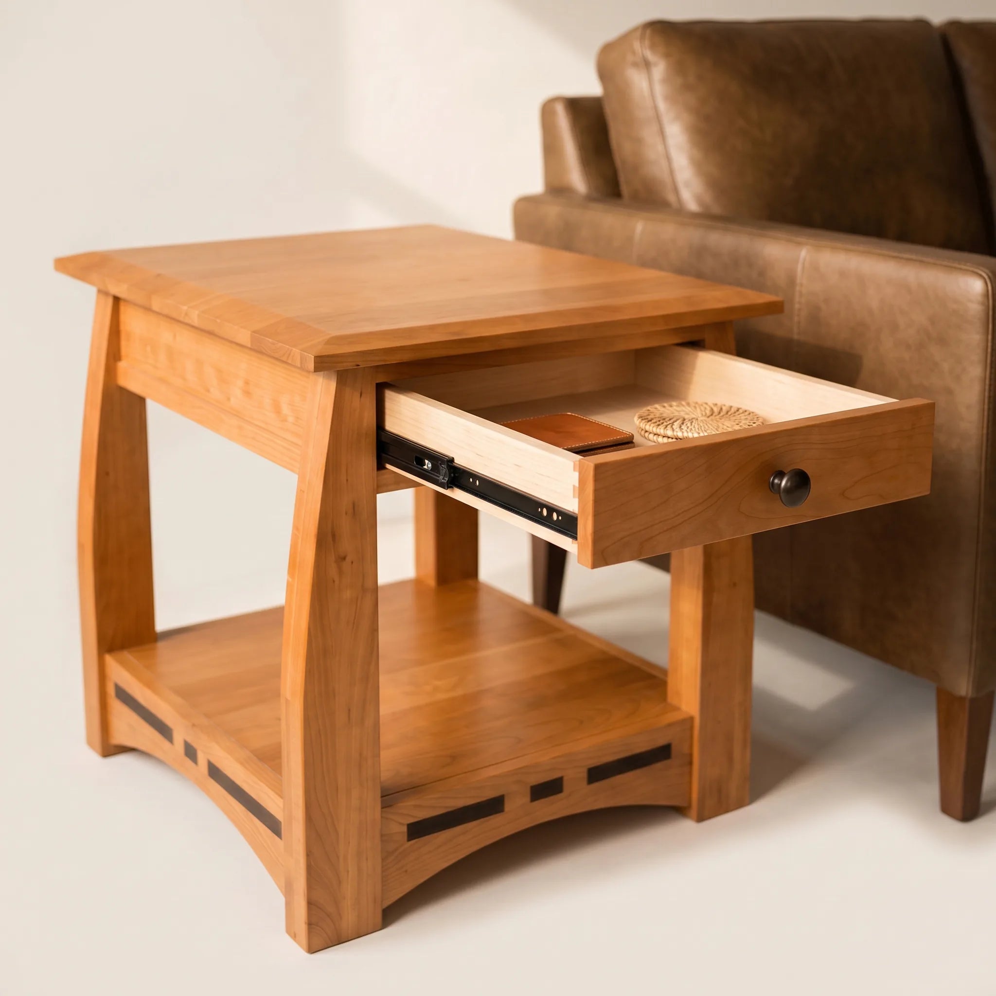 African Inlay End Table - Solid Cherry — open drawer showing hand-cut dovetails and soft-close slide
