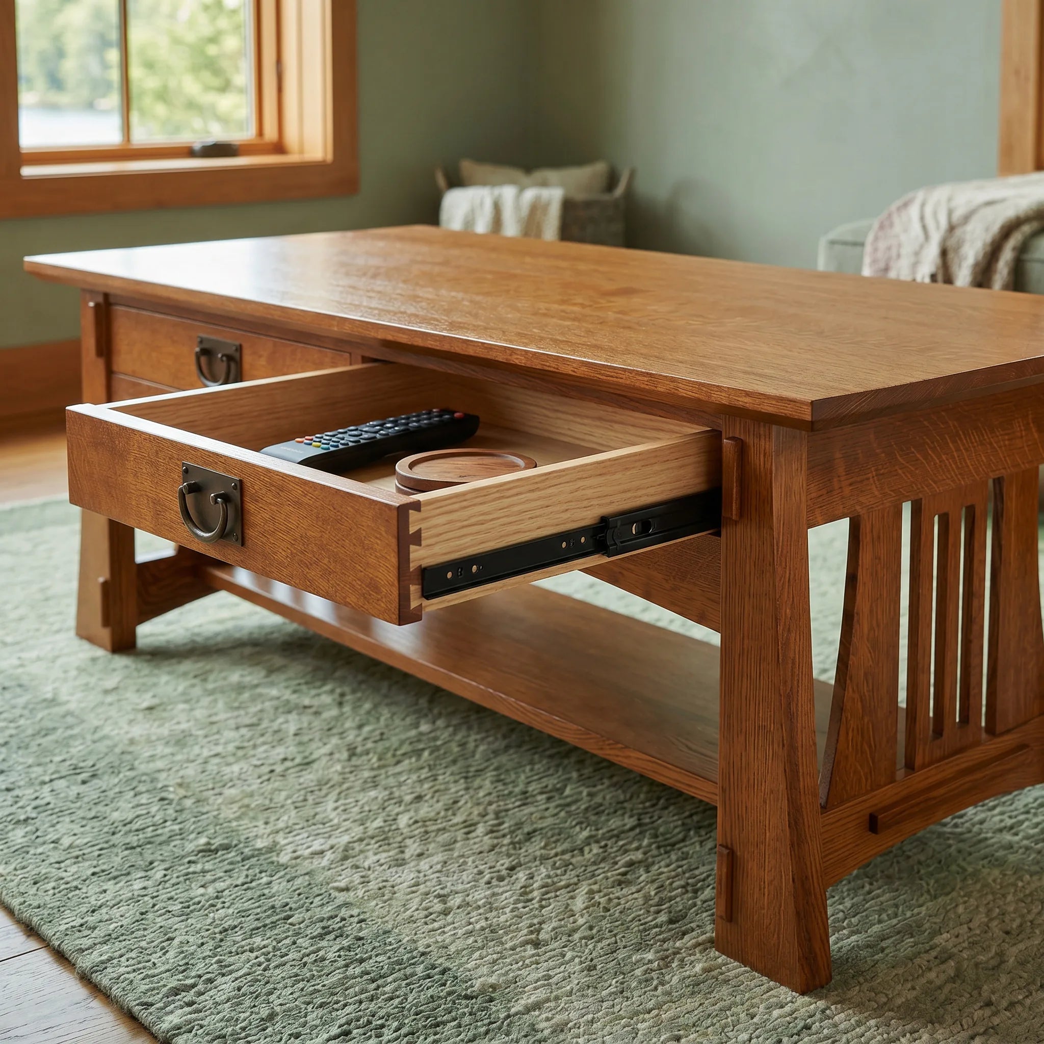 Bungalow Coffee Table - Antique Brown — open drawer showing hand-cut dovetails and soft-close slide