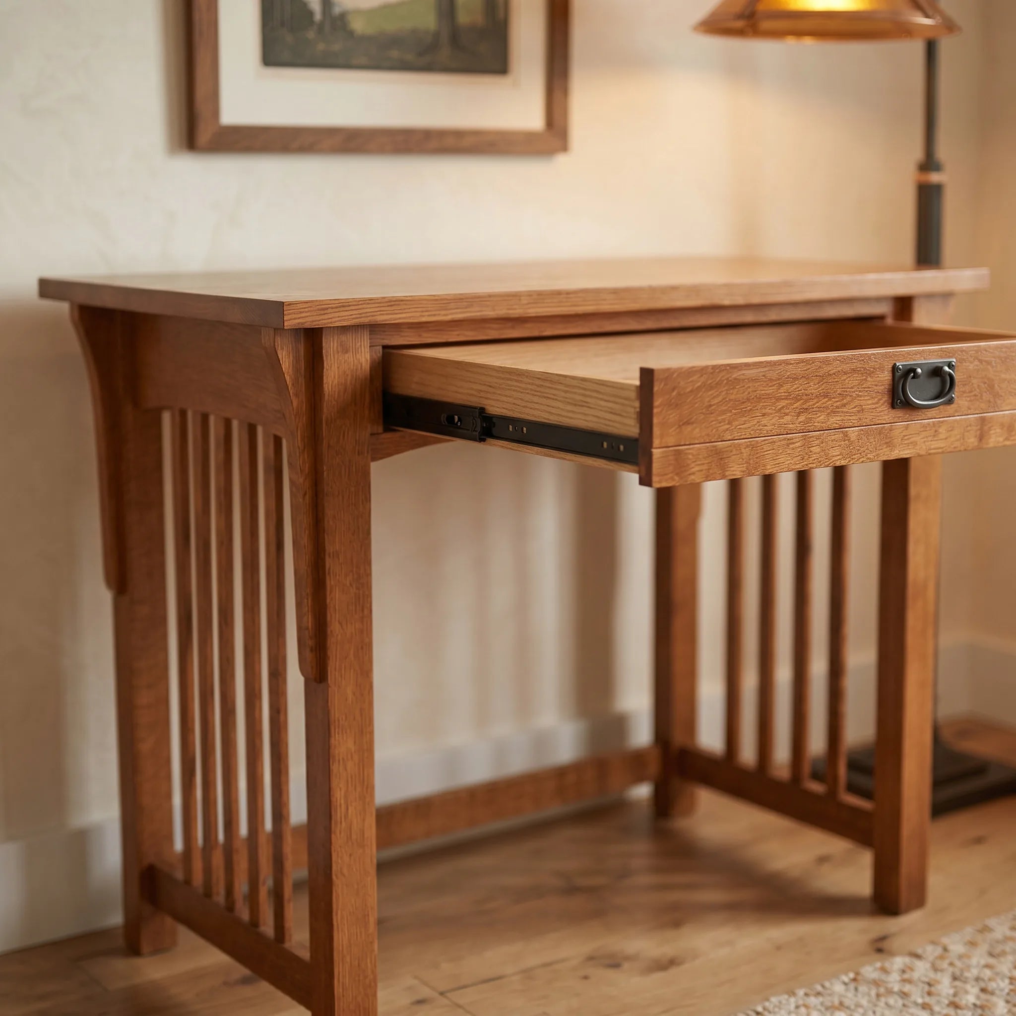 Mission 1-Drawer Desk - Solid Oak — open drawer showing hand-cut dovetails and soft-close slide