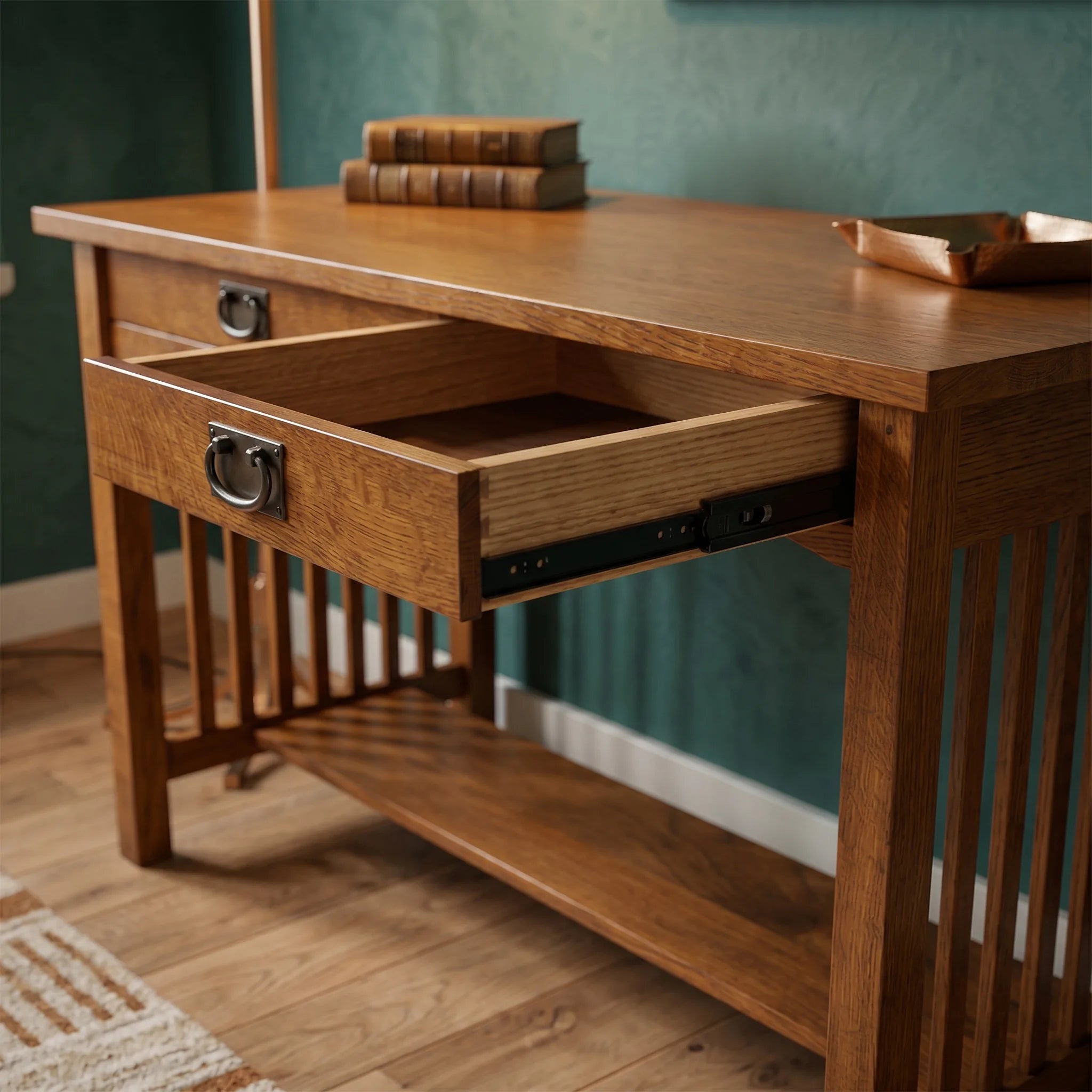 Mission 2-Drawer Desk - Solid Oak — open drawer showing hand-cut dovetails and soft-close slide