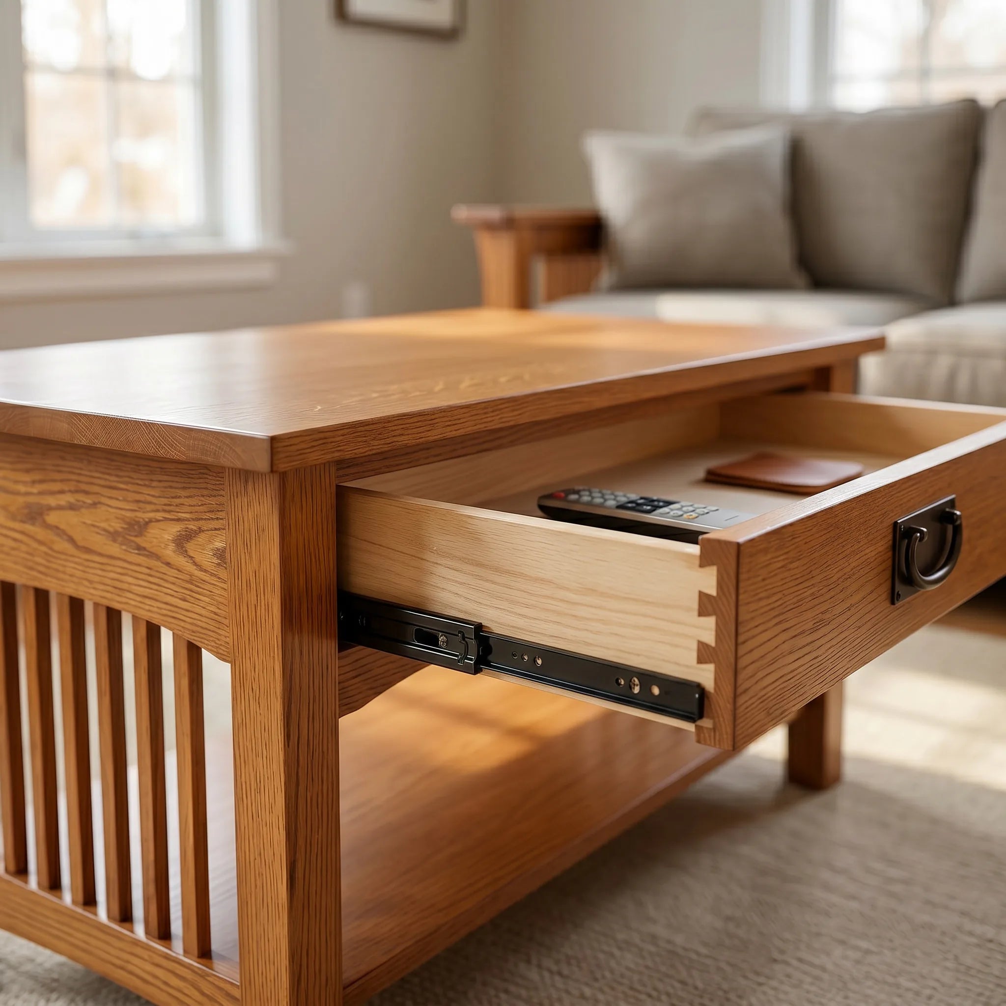 Mission Spacesaver Coffee Table - Antique Brown — open drawer showing hand-cut dovetails and soft-close slide