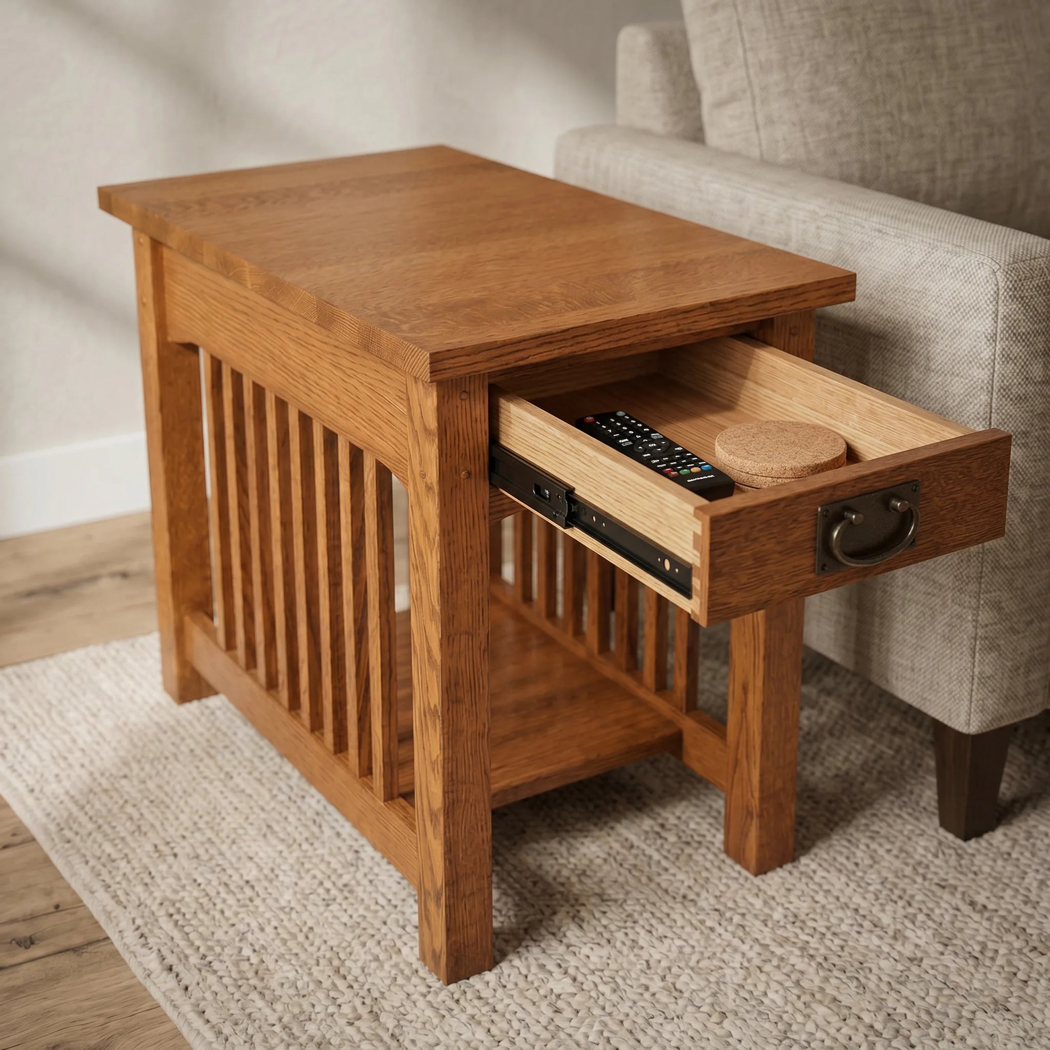 Mission Spacesaver End Table - Solid Oak — open drawer showing hand-cut dovetails and soft-close slide