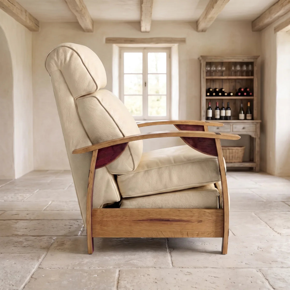 Wine Barrel Recliner - French Vanilla Italian Leather - side view
